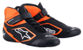 Zapatillas Alpinestars Youth Tech-1 K V2, calzado de karting, negro y naranja flúor con detalles blancos, calzado de carreras de caña alta con sistema de cierre doble de cordones y correa de velcro, confección en microfibra perforada y logotipos blancos destacados