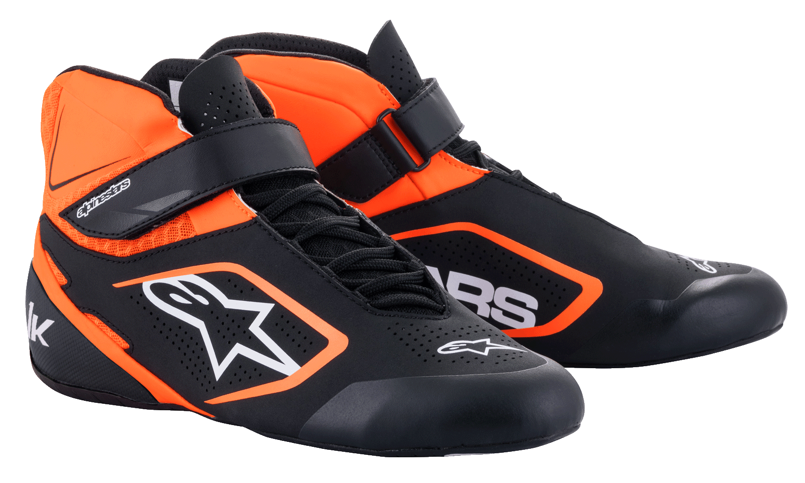 Zapatillas Alpinestars Youth Tech-1 K V2, calzado de karting, negro y naranja flúor con detalles blancos, calzado de carreras de caña alta con sistema de cierre doble de cordones y correa de velcro, confección en microfibra perforada y logotipos blancos destacados