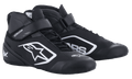 Alpinestars Tech-1 K V2 Shoes, zapatillas de karting negras y blancas, diseño de caña alta con ventilación de microfibra perforada, cierre doble con cordones y correa de gancho y bucle, logotipo blanco llamativo, calzado de alto rendimiento para automovilismo