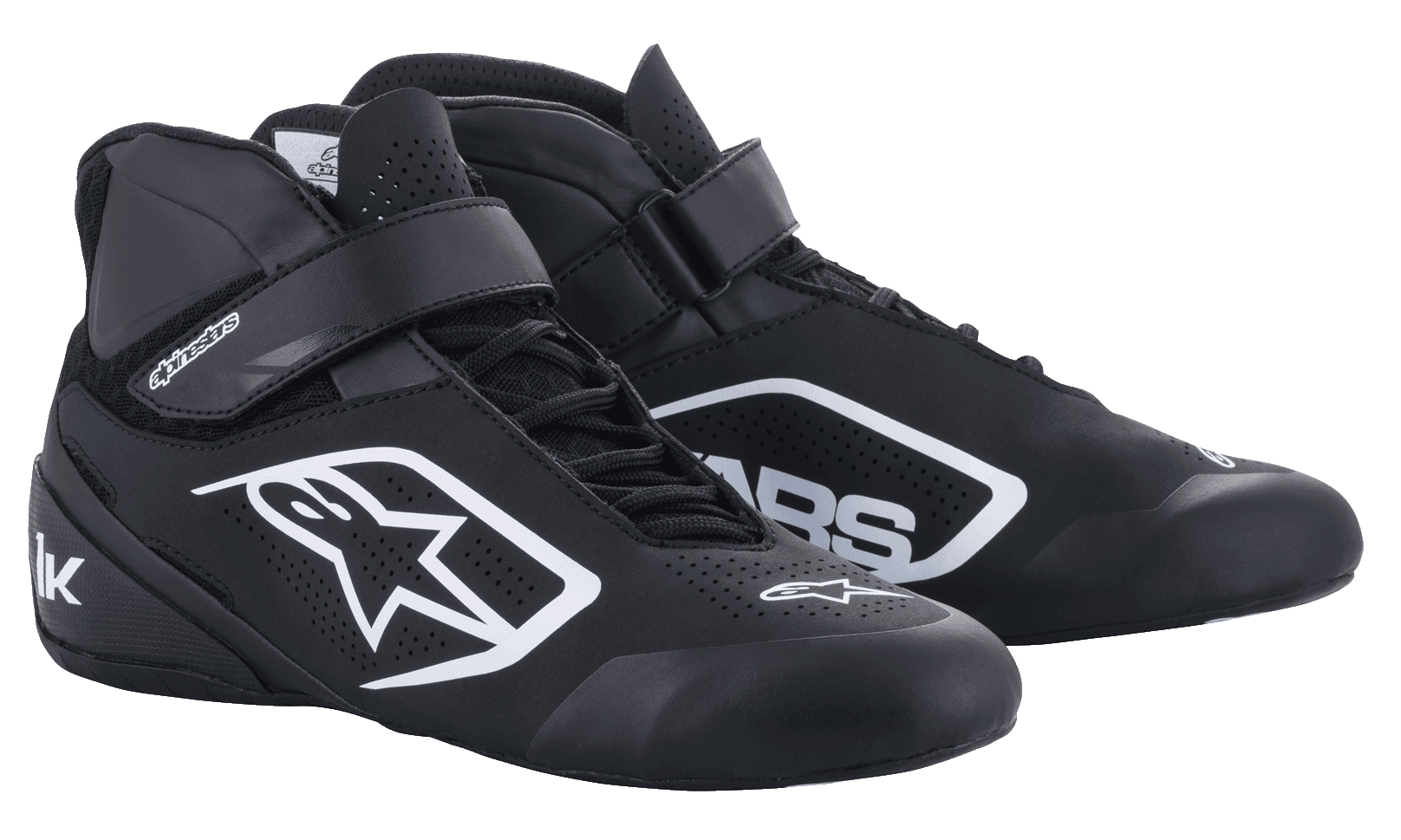 Alpinestars Tech-1 K V2 Shoes, Men's Karting Shoes, Black and White, perforated nubuck microfiber with dual closure.
