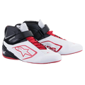 Alpinestars Tech-1 K V2 Shoes, Karting Shoes, White Black and Red, featuring a dual closure system with red laces and a black hook-and-loop strap, perforated panels for breathability, red Alpinestars star logo, and a sleek ergonomic profile for racing.
