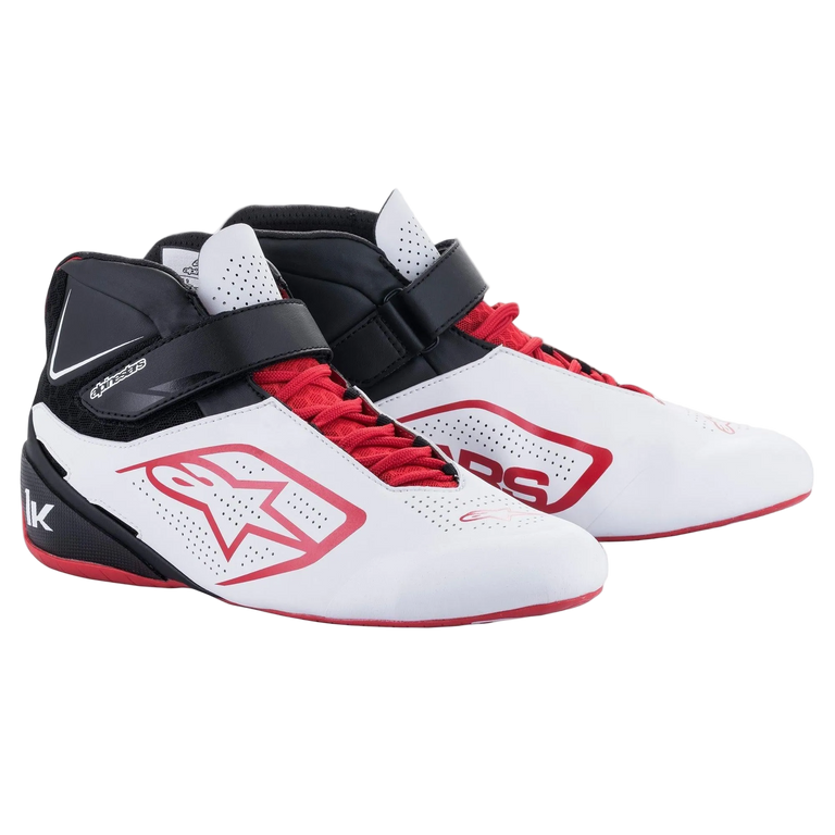 Alpinestars Tech-1 K V2 Shoes, Karting Shoes, White Black and Red, featuring a dual closure system with red laces and a black hook-and-loop strap, perforated panels for breathability, red Alpinestars star logo, and a sleek ergonomic profile for racing.