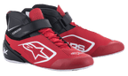 Zapatillas de karting Alpinestars Tech-1 K V2, rojo, negro y blanco, calzado de competición de corte medio con cordones rojos y correa de velcro negra en el tobillo, parte superior de microfibra perforada con logotipos Alpinestars en blanco, diseño ergonómico para karting profesional