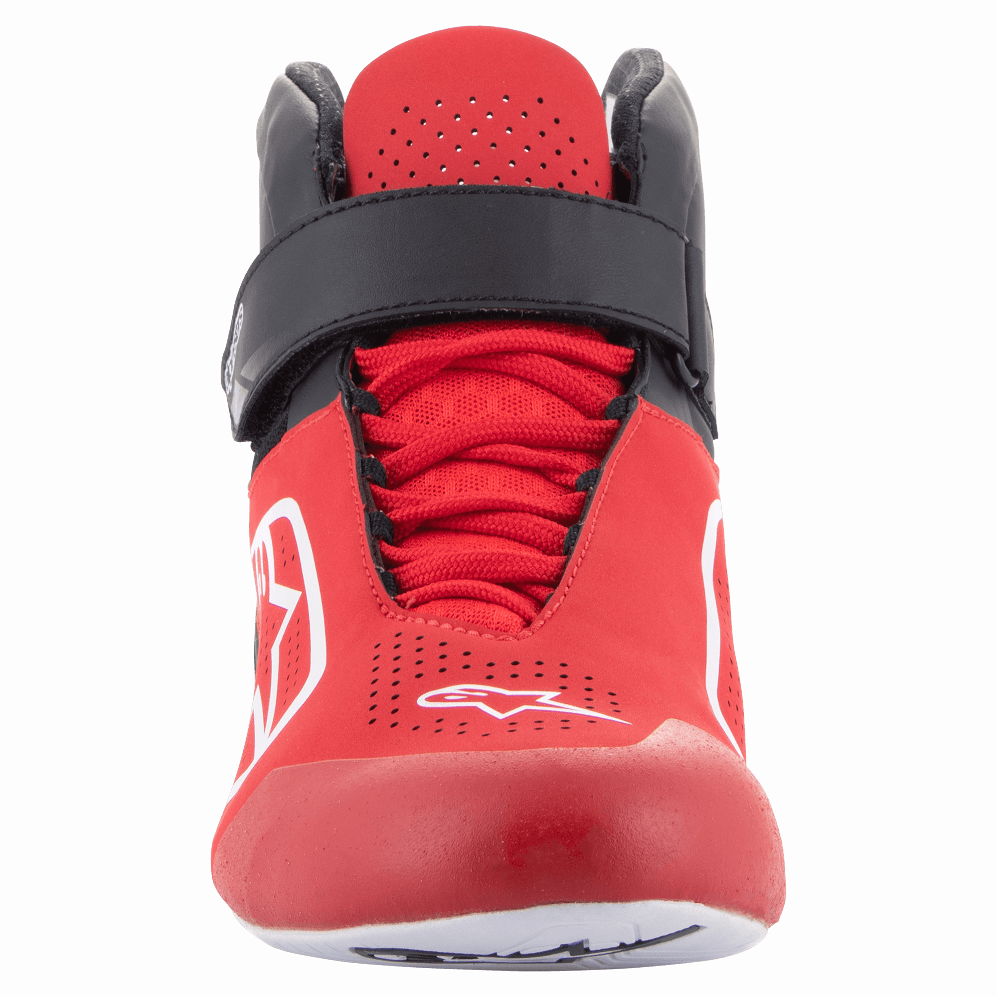 Zapatos Alpinestars Tech-1 K V2, zapatos de karting, rojo, negro y blanco, vista frontal con una correa negra de gancho y bucle en el tobillo y cordones rojos, parte superior roja perforada con logotipos Astars en blanco, diseño ergonómico para carreras de karts