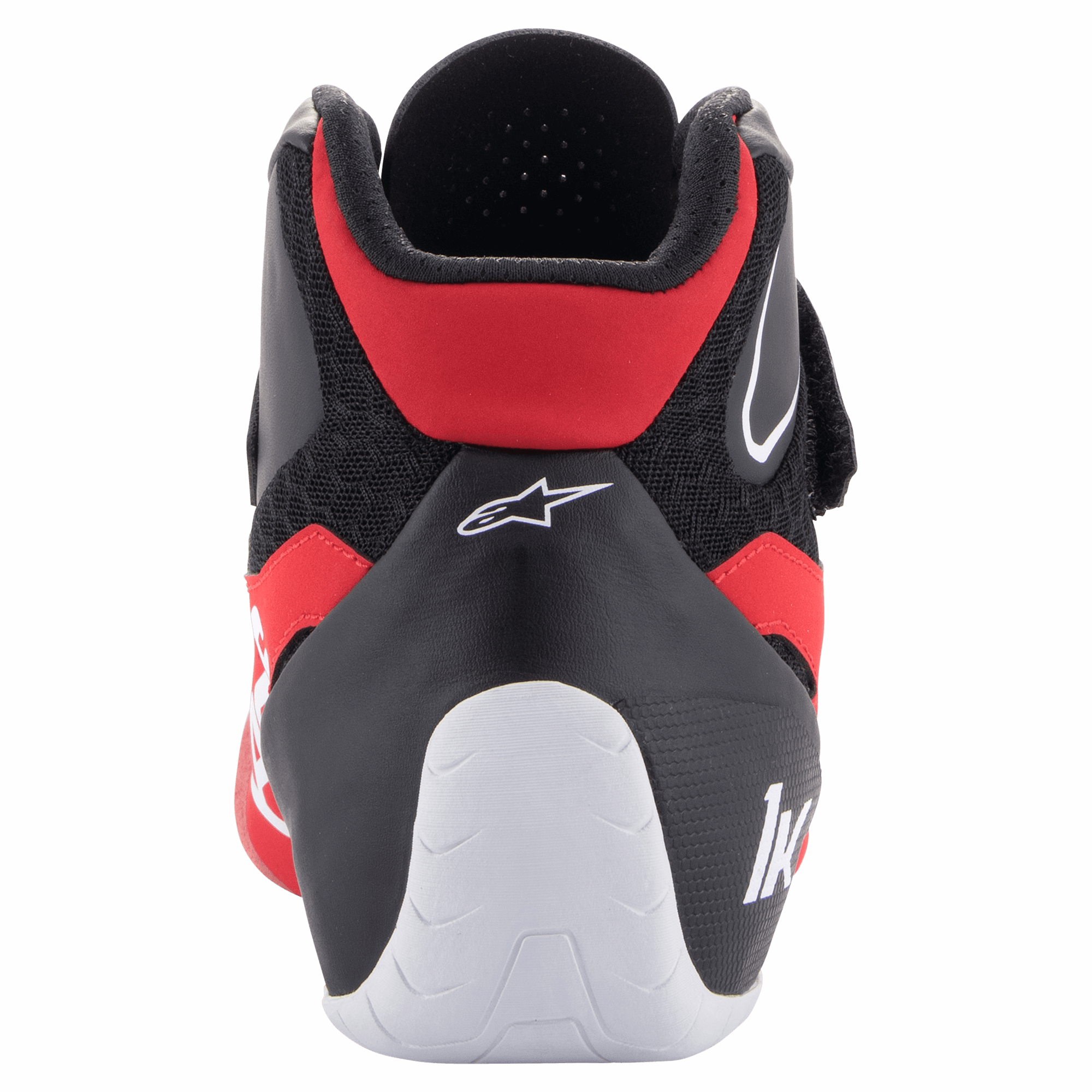 Zapatos Alpinestars Tech-1 K V2, zapatos de karting, rojo, negro y blanco, vista trasera que muestra el cuello de Aquiles de corte bajo, refuerzo del talón blanco con el logotipo "1K" y el logotipo de la estrella de Alpinestars en la parte superior negra