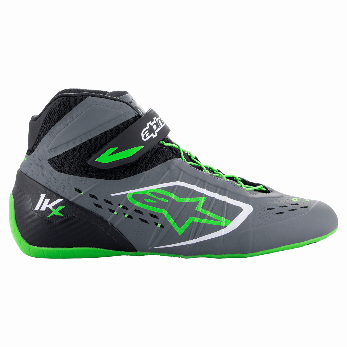 Alpinestars Tech-1 KX V2, zapatos de karting, gris y negro con detalles verdes, suela verde brillante, logo de estrella verde, correa de velcro negra, certificados para competición