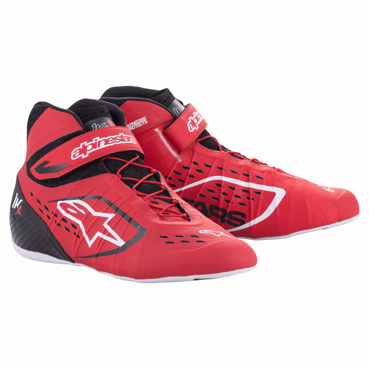 Alpinestars Tech-1 KX V2, zapatos de carreras para karting, rojos, negros y blancos, diseño de caña alta con correas de velcro, suela blanca, construcción perforada transpirable, calzado profesional de automovilismo