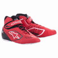 Alpinestars Tech-1 KX V2, zapatos de carreras para karting, rojos, negros y blancos, diseño de caña alta con correas de velcro, suela blanca, construcción perforada transpirable, calzado profesional de automovilismo