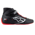 Zapatos Alpinestars Tech-1 KX V3, calzado de carreras para karting, negro, blanco y rojo, perfil lateral con construcción termosoldada sin costuras, gran logotipo lateral blanco, diseño de caña alta con correa de velcro y suela de goma roja fina