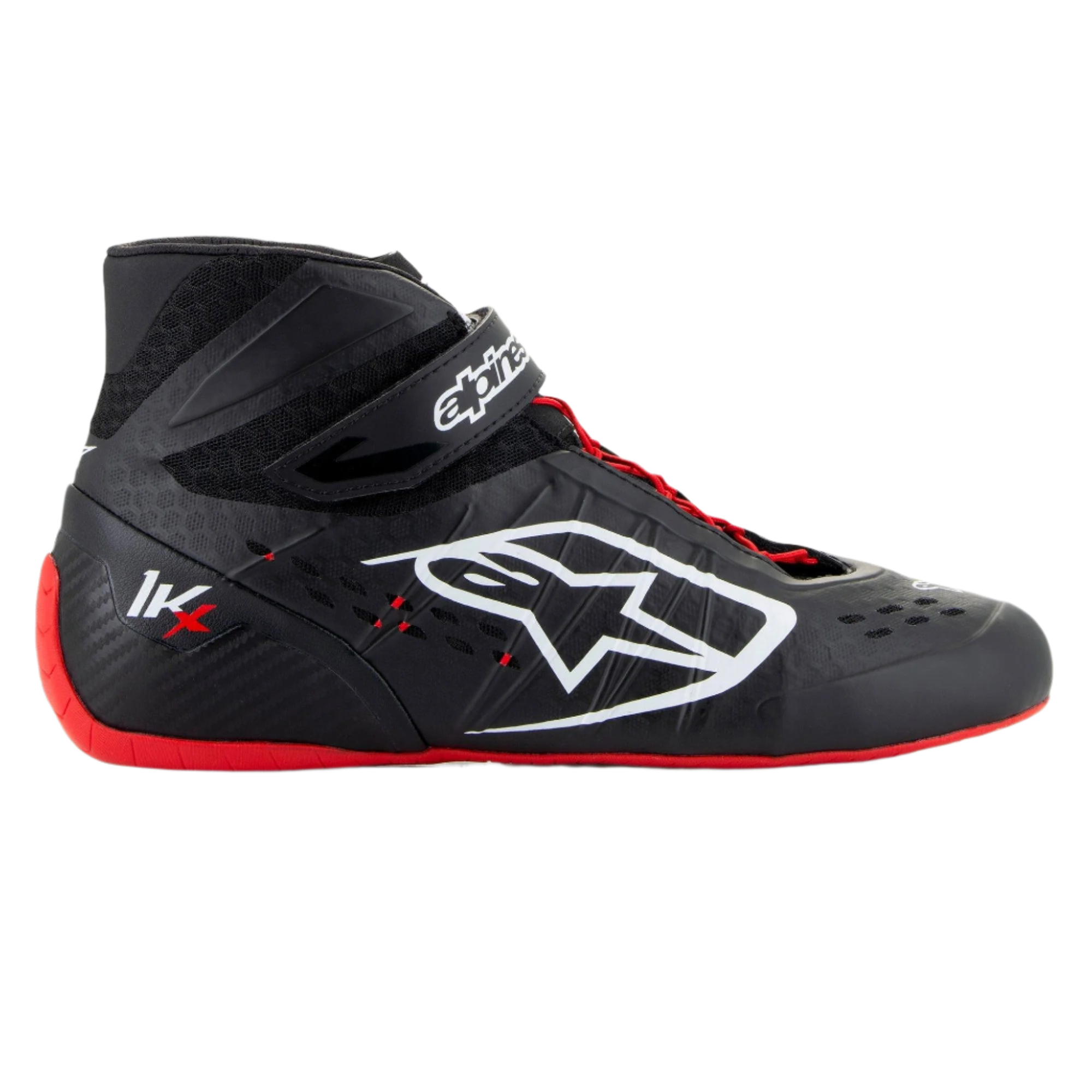 Zapatos Alpinestars Tech-1 KX V3, calzado de carreras para karting, negro, blanco y rojo, perfil lateral con construcción termosoldada sin costuras, gran logotipo lateral blanco, diseño de caña alta con correa de velcro y suela de goma roja fina