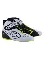 Alpinestars Tech-1 KX V3 Shoes - FIA, zapatillas de karting, negro, blanco y amarillo flúor, calzado de competición de alto rendimiento con cordones asimétricos, correa de velcro en el tobillo, acentos en amarillo neón en los cordones y la suela, y paneles transpirables cortados con láser