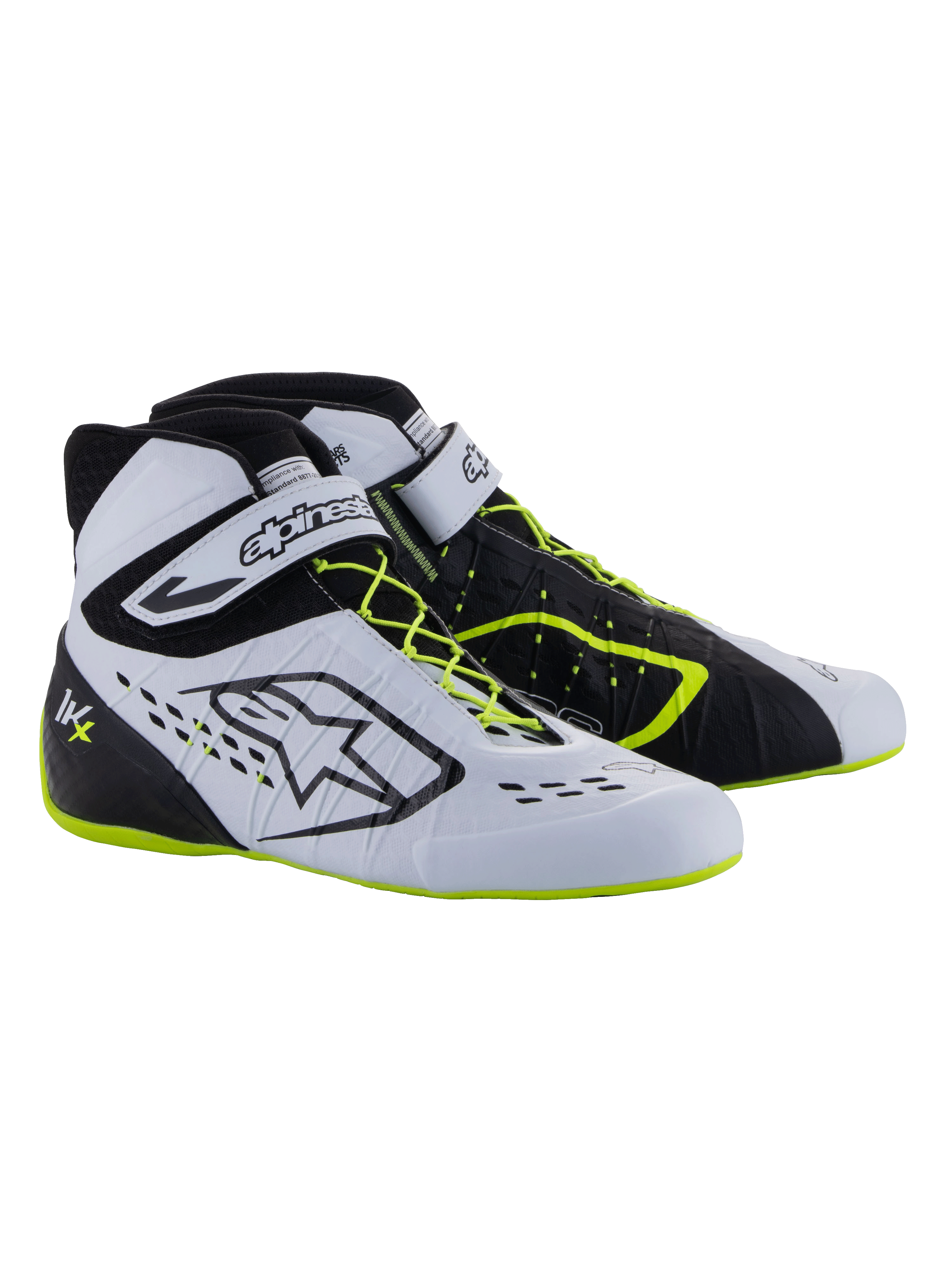 Alpinestars Tech-1 KX V3 Shoes - FIA, zapatillas de karting, negro, blanco y amarillo flúor, calzado de competición de alto rendimiento con cordones asimétricos, correa de velcro en el tobillo, acentos en amarillo neón en los cordones y la suela, y paneles transpirables cortados con láser