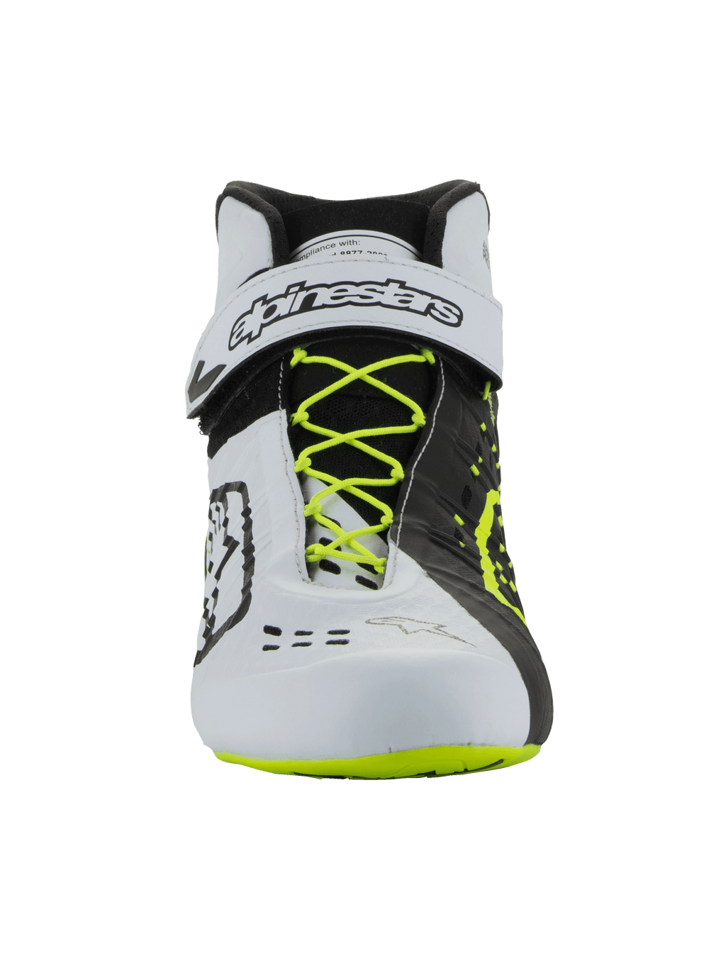 Zapatillas Alpinestars Tech-1 KX V3 - FIA, calzado para karting, negro, blanco y amarillo flúor, vista frontal con cordones amarillos fluorescentes, correa de tobillo blanca con marca en negro, diseño asimétrico de bloques de color y detalles de ventilación cortados con láser