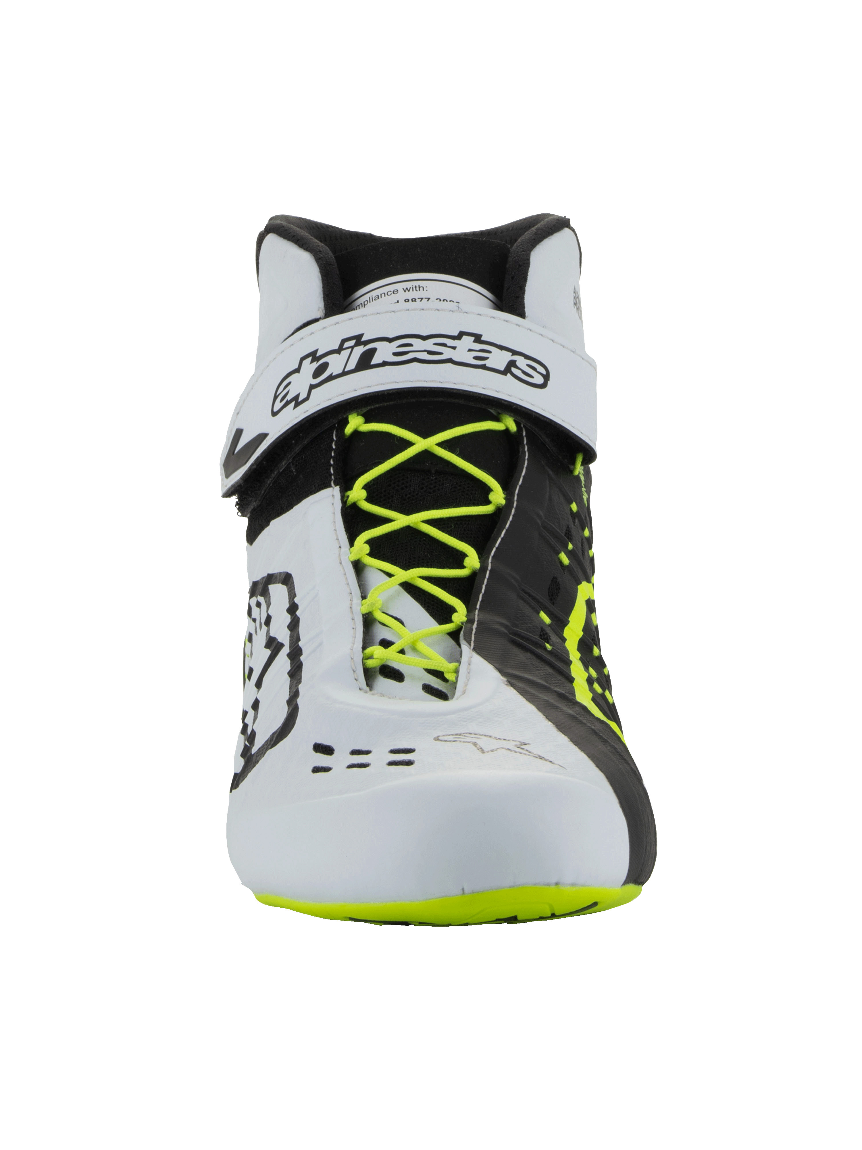 Zapatillas Alpinestars Tech-1 KX V3 - FIA, calzado para karting, negro, blanco y amarillo flúor, vista frontal con cordones amarillos fluorescentes, correa de tobillo blanca con marca en negro, diseño asimétrico de bloques de color y detalles de ventilación cortados con láser