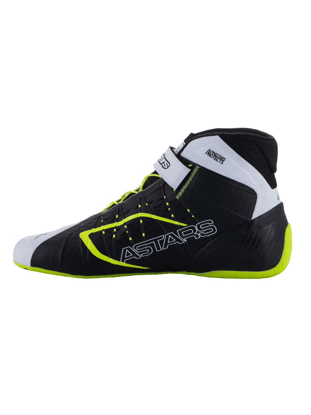 Alpinestars Tech-1 KX V3 Shoes - FIA, zapatillas de karting, negro, blanco y amarillo flúor, perfil estilizado con marca ASTARS lateral, correa ajustable y detalles fluorescentes, calzado de competición ligero