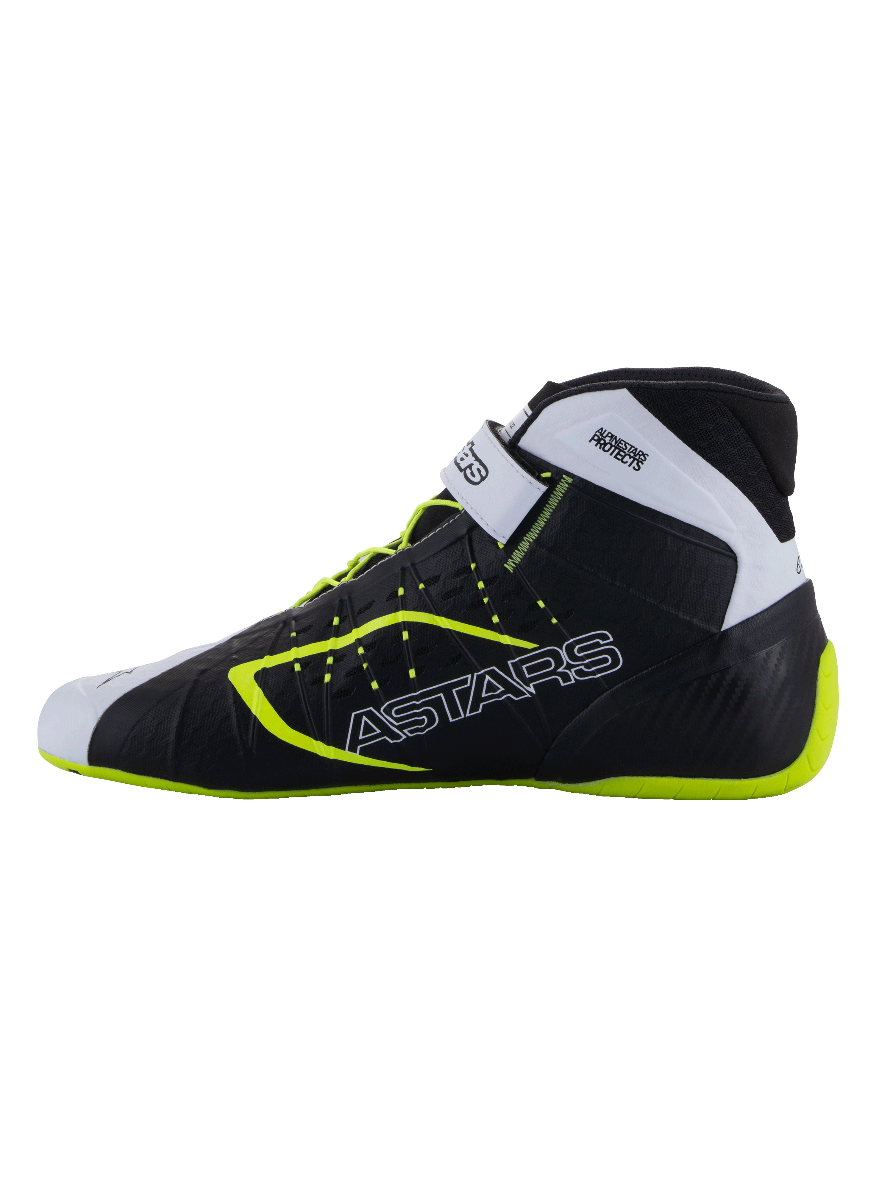 Alpinestars Tech-1 KX V3 Shoes - FIA, zapatillas de karting, negro, blanco y amarillo flúor, perfil estilizado con marca ASTARS lateral, correa ajustable y detalles fluorescentes, calzado de competición ligero