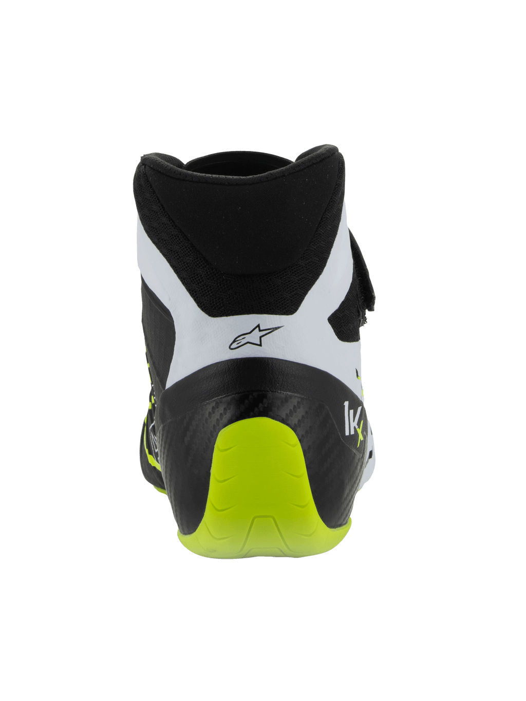 Zapatillas Alpinestars Tech-1 KX V3, calzado de karting certificado por la FIA, negro, blanco y amarillo flúor, vista trasera que muestra el talón reforzado de una sola pieza, detalle en amarillo flúor brillante, paneles blancos con logotipo negro, calzado técnico de automovilismo para uso en pista