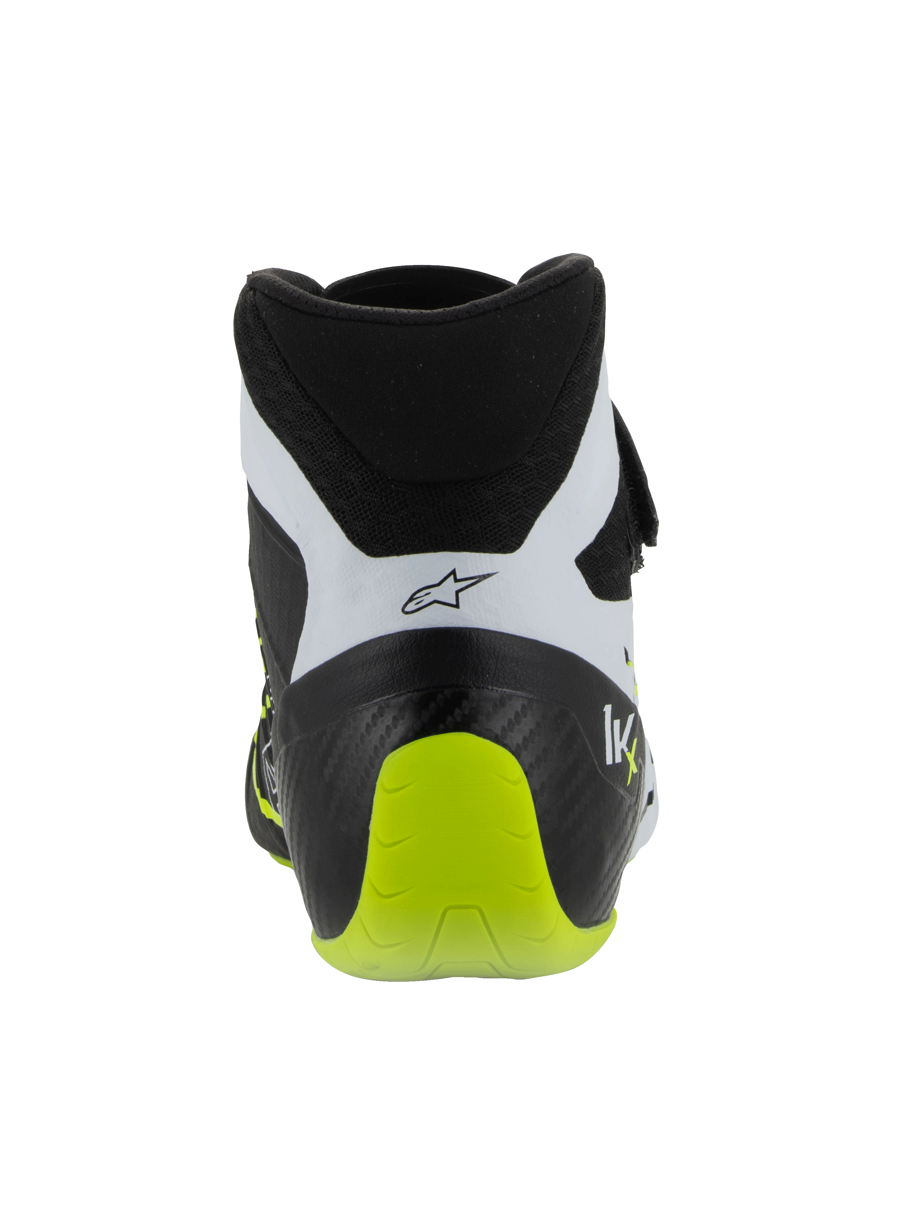 Zapatillas Alpinestars Tech-1 KX V3, calzado de karting certificado por la FIA, negro, blanco y amarillo flúor, vista trasera que muestra el talón reforzado de una sola pieza, detalle en amarillo flúor brillante, paneles blancos con logotipo negro, calzado técnico de automovilismo para uso en pista