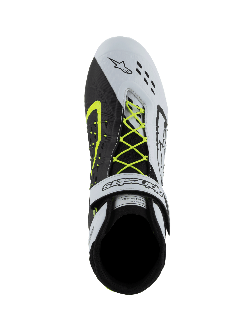 Alpinestars Tech-1 KX V3 Shoes, zapatillas de karting FIA, negro, blanco y amarillo fluo, vista superior que muestra el sistema de cordones asimétricos amarillo neón, correa de velcro blanca en el tobillo y perforaciones cortadas con láser en la puntera