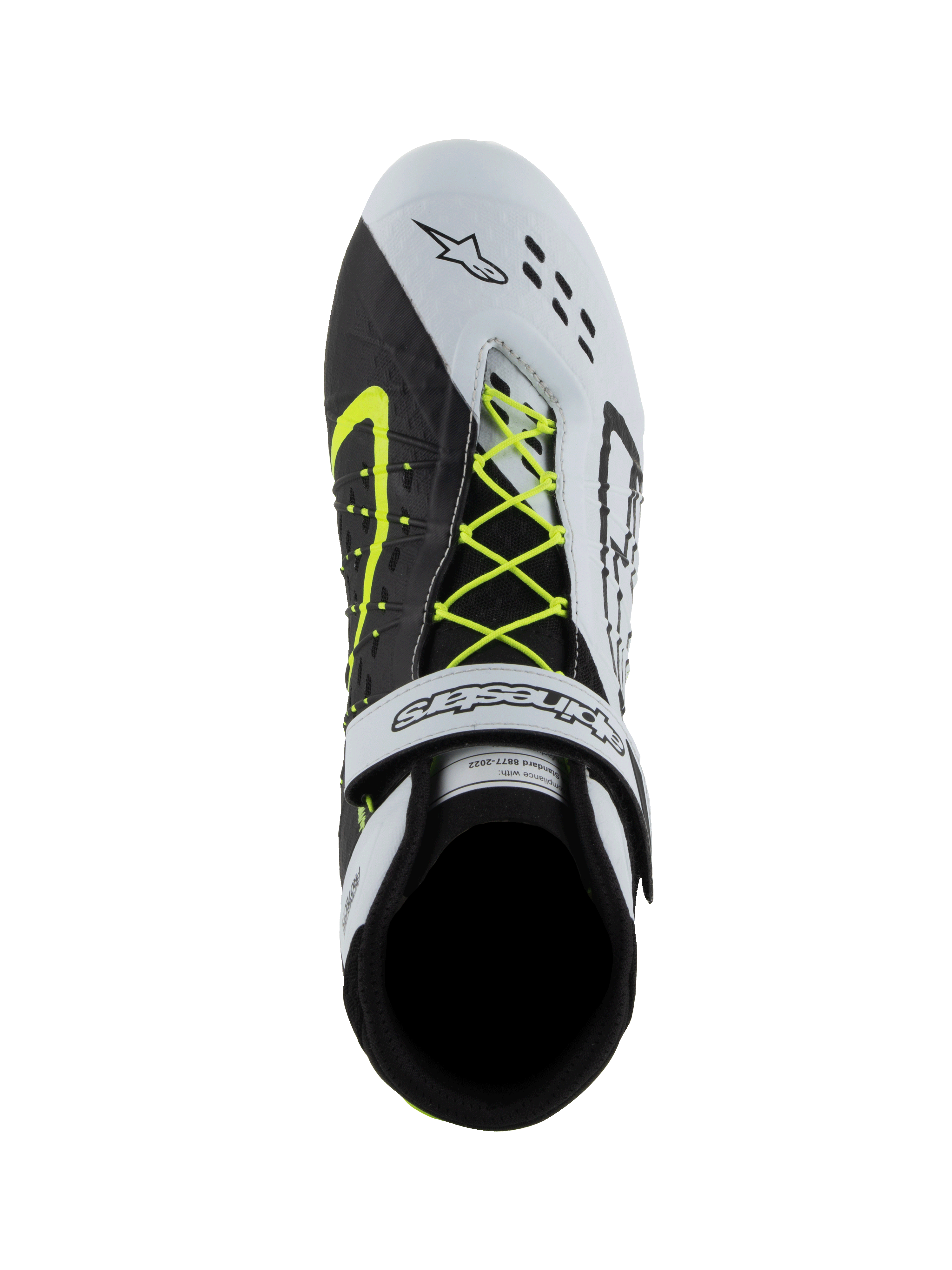 Alpinestars Tech-1 KX V3 Shoes, zapatillas de karting FIA, negro, blanco y amarillo fluo, vista superior que muestra el sistema de cordones asimétricos amarillo neón, correa de velcro blanca en el tobillo y perforaciones cortadas con láser en la puntera
