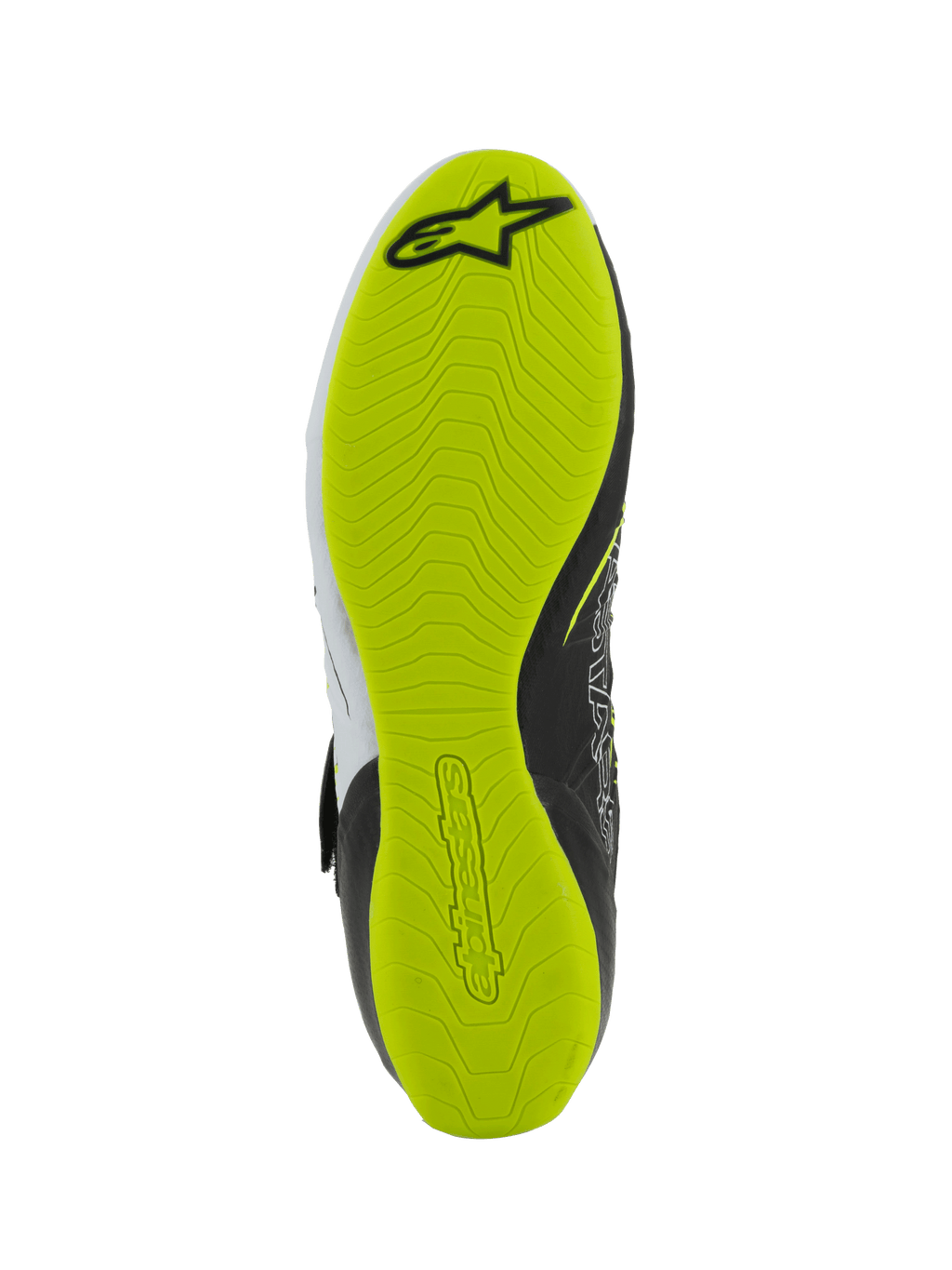 Alpinestars Tech-1 KX V3 Shoes - FIA, zapatillas de karting, vista inferior de la suela, goma amarillo flúor brillante con patrón de agarre texturizado, con el logotipo de Alpinestars en negro y marca grabada para mayor sensibilidad con los pedales