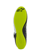Alpinestars Tech-1 KX V3 Shoes - FIA, zapatillas de karting, vista inferior de la suela, goma amarillo flúor brillante con patrón de agarre texturizado, con el logotipo de Alpinestars en negro y marca grabada para mayor sensibilidad con los pedales