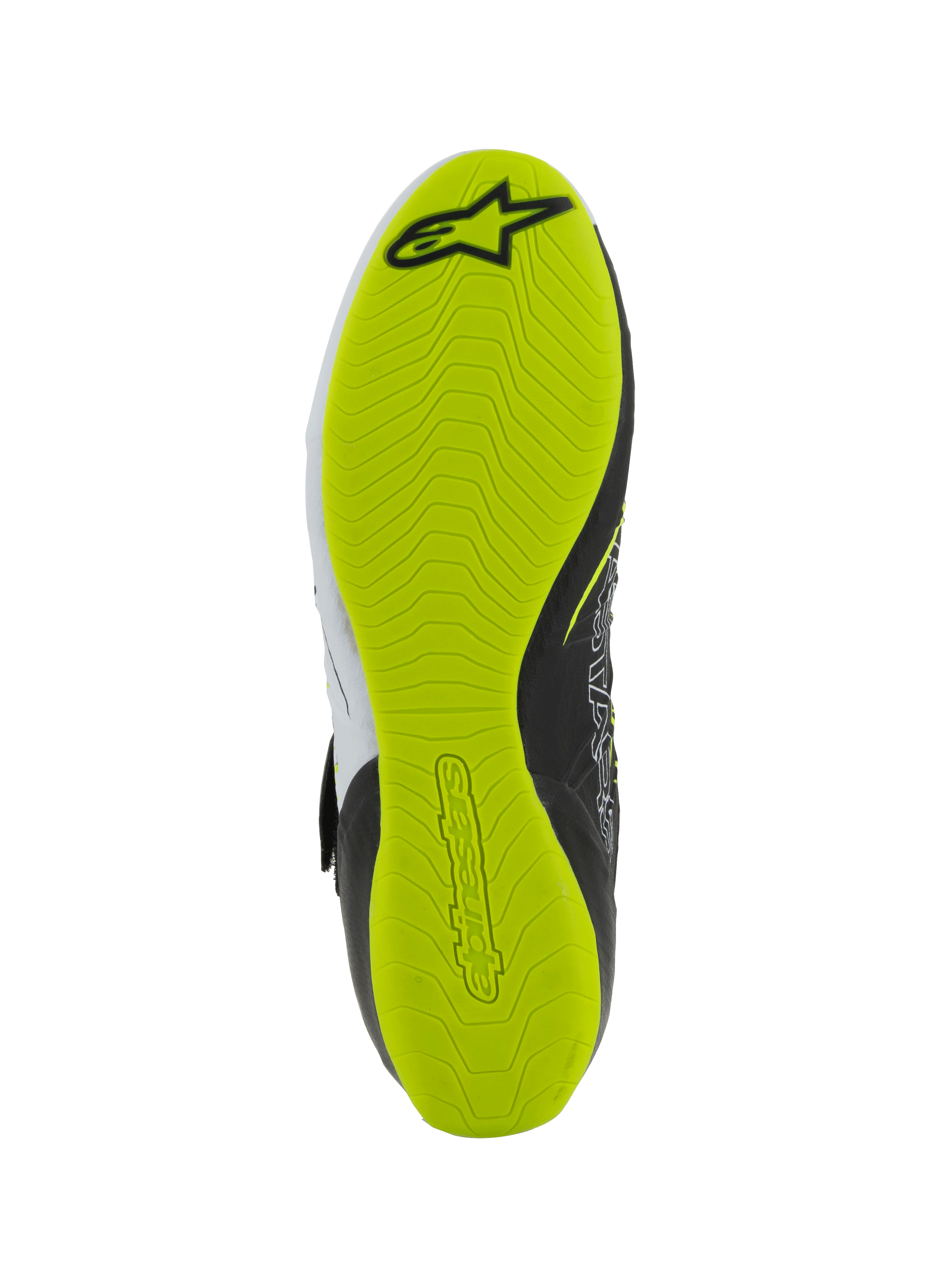 Alpinestars Tech-1 KX V3 Shoes - FIA, zapatillas de karting, vista inferior de la suela, goma amarillo flúor brillante con patrón de agarre texturizado, con el logotipo de Alpinestars en negro y marca grabada para mayor sensibilidad con los pedales
