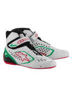 Zapatillas de karting Alpinestars Tech-1 KX V3, blancas, verdes y rojas, con parte superior termo-soldada sin costuras y perforaciones cortadas con láser, sistema de cordones asimétrico, correa de velcro con logotipo en rojo y suela fina de goma roja
