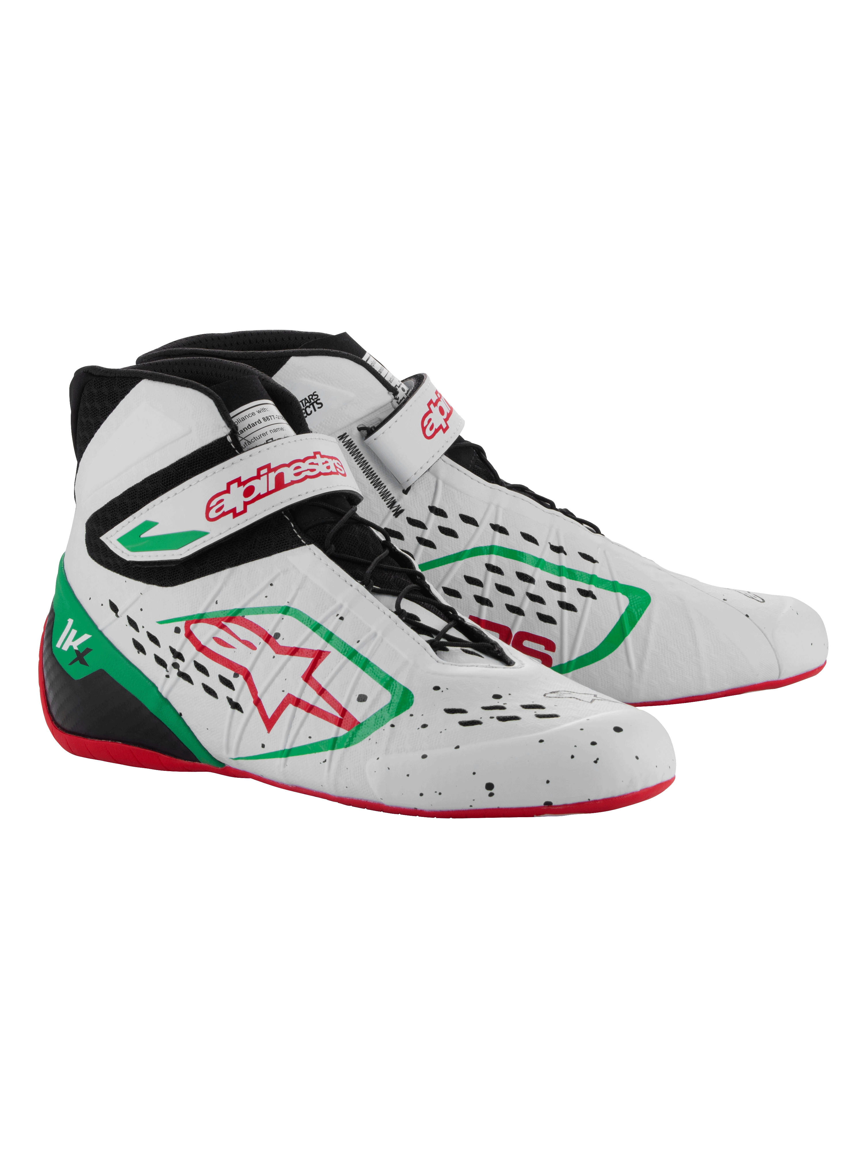 Zapatillas de karting Alpinestars Tech-1 KX V3, blancas, verdes y rojas, con parte superior termo-soldada sin costuras y perforaciones cortadas con láser, sistema de cordones asimétrico, correa de velcro con logotipo en rojo y suela fina de goma roja
