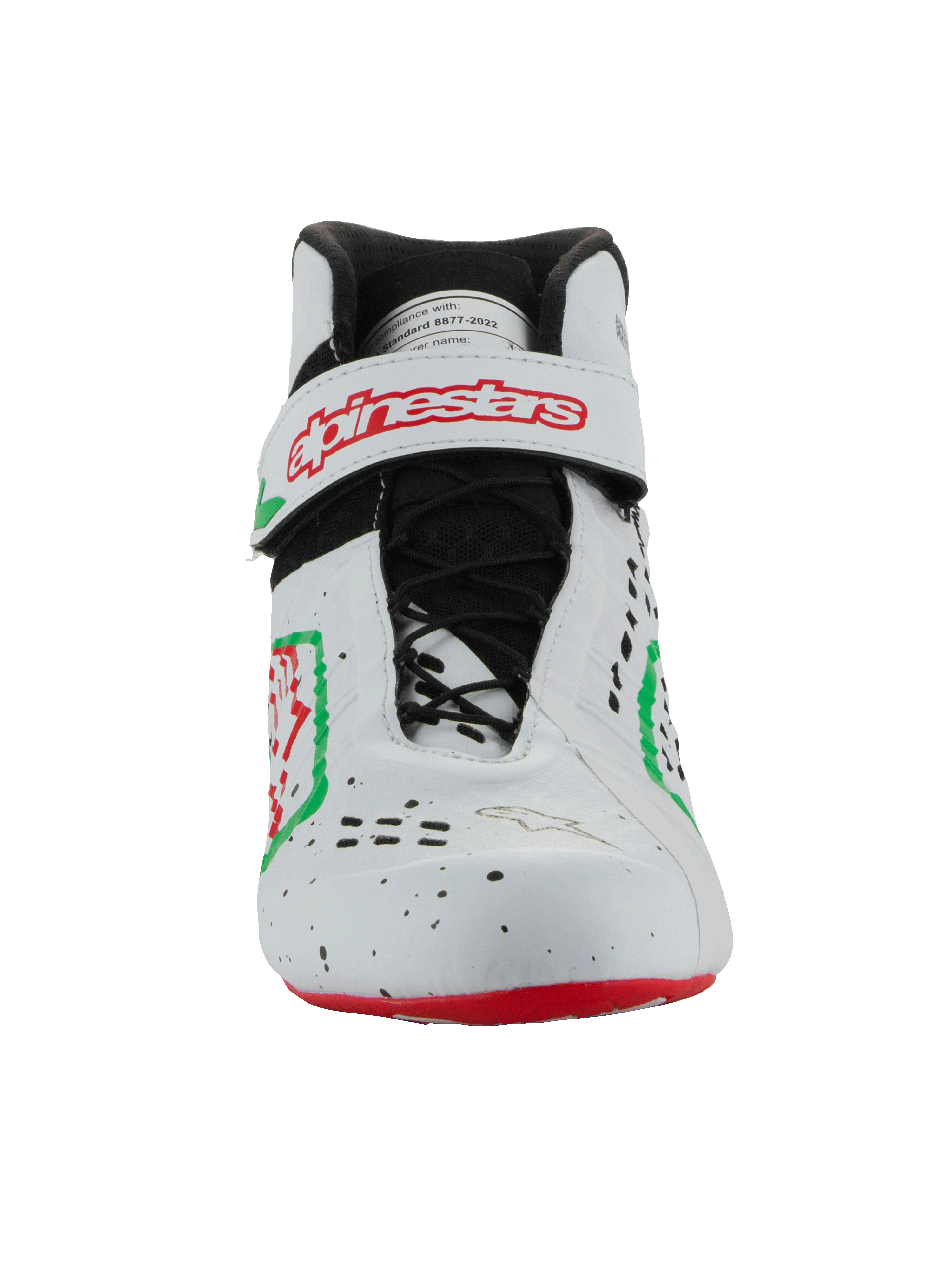 Zapatos Alpinestars Tech-1 KX V3 - FIA, zapatillas de karting, blanco, verde y rojo, vista frontal con sistema de cordones asimétrico y correa de velcro con el logo de Alpinestars en rojo, diseño elegante perforado para motorsport.