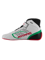 Zapatos Alpinestars Tech-1 KX V3, calzado de karting, blanco, verde y rojo, vista de perfil lateral, con marca ASTARS en rojo y franja verde, cuello negro con perforaciones cortadas con láser y suela roja fina para sensibilidad con los pedales