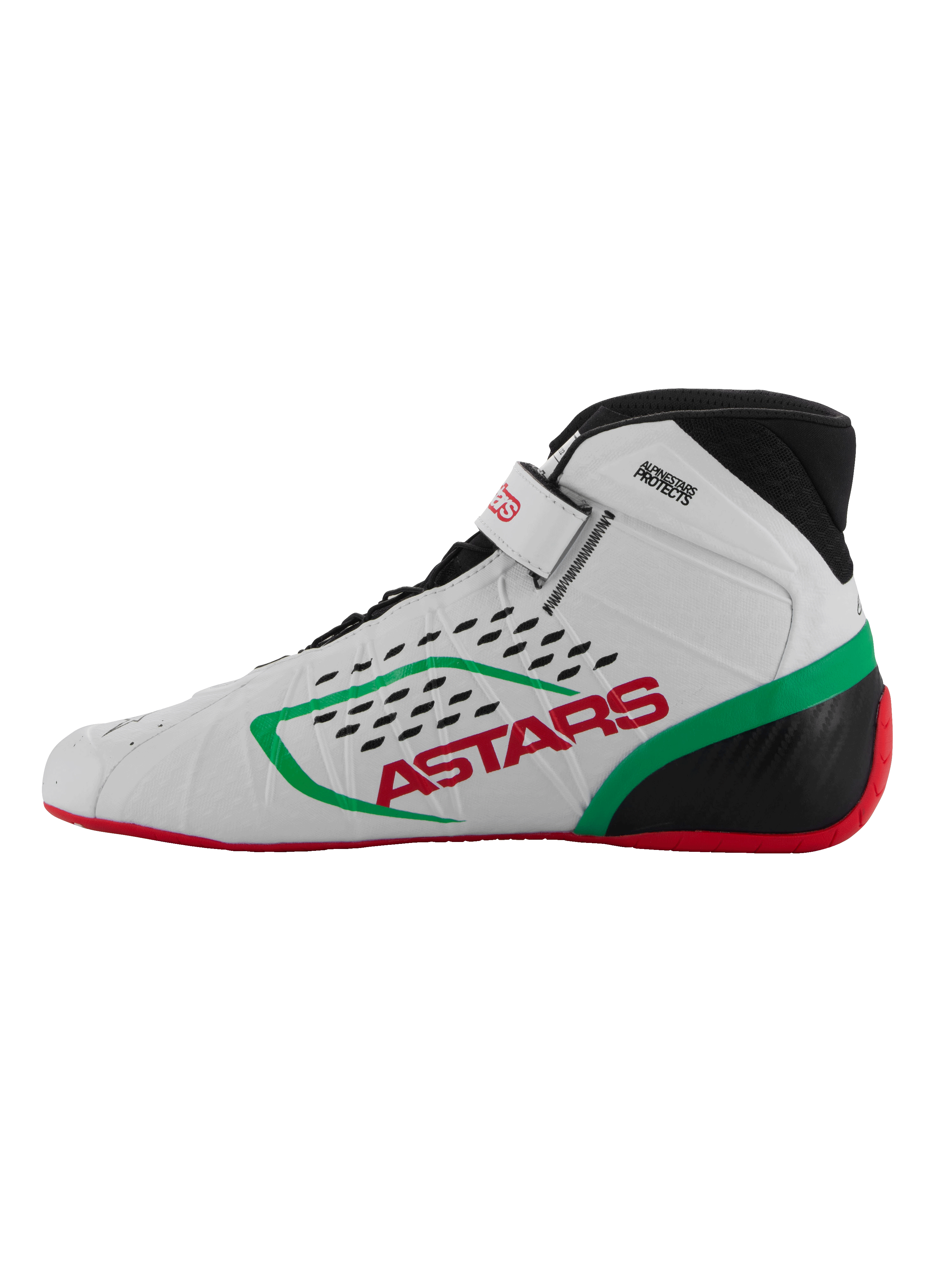 Zapatos Alpinestars Tech-1 KX V3, calzado de karting, blanco, verde y rojo, vista de perfil lateral, con marca ASTARS en rojo y franja verde, cuello negro con perforaciones cortadas con láser y suela roja fina para sensibilidad con los pedales