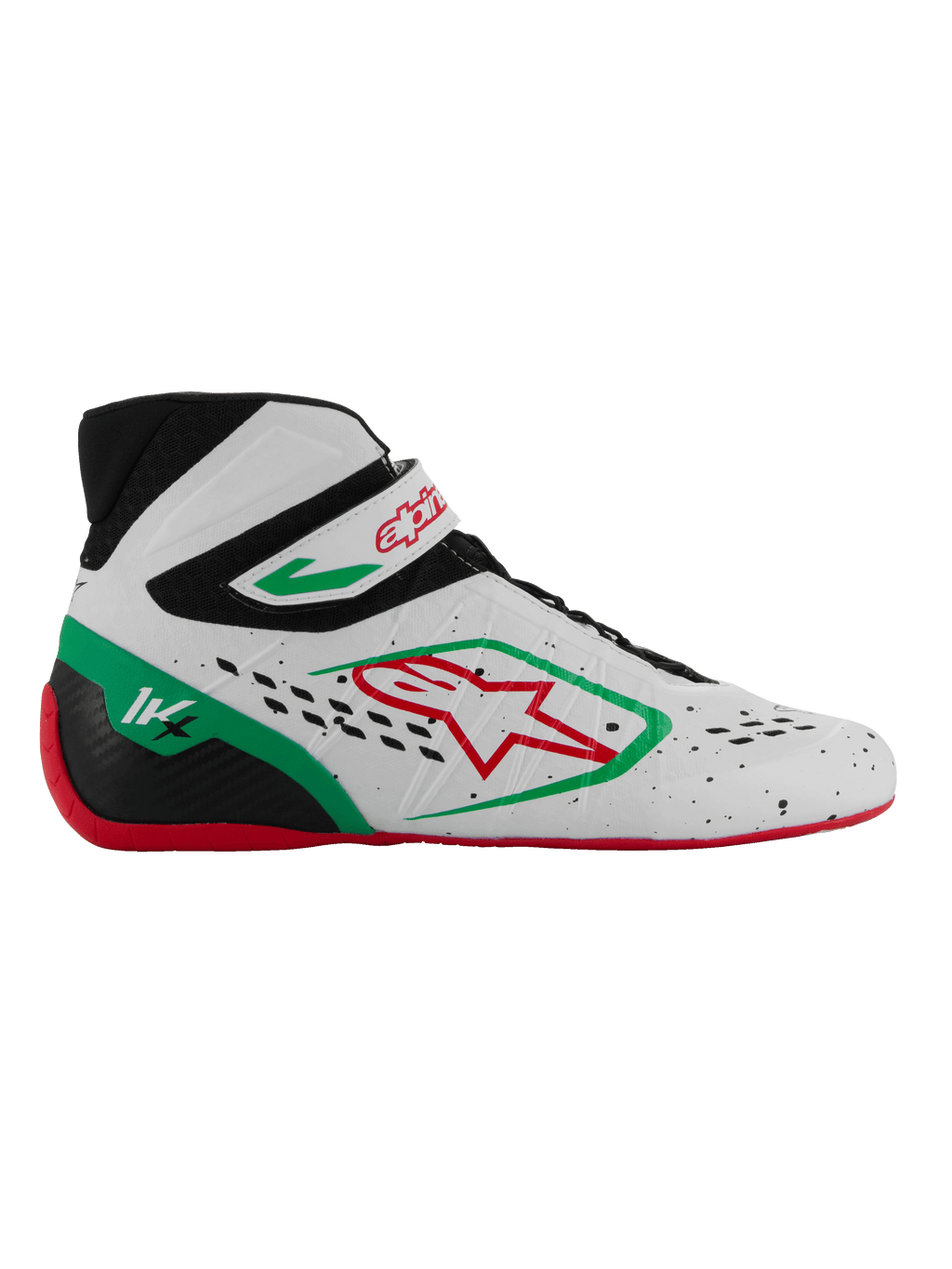 Alpinestars Tech-1 KX V3 Shoes, calzado de karting homologado por la FIA, blanco con detalles en negro, verde y rojo, logotipo de estrella roja, suela roja, diseño de caña alta con correa de velcro, parte superior perforada transpirable, marca 1K en el talón