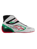 Alpinestars Tech-1 KX V3 Shoes, calzado de karting homologado por la FIA, blanco con detalles en negro, verde y rojo, logotipo de estrella roja, suela roja, diseño de caña alta con correa de velcro, parte superior perforada transpirable, marca 1K en el talón
