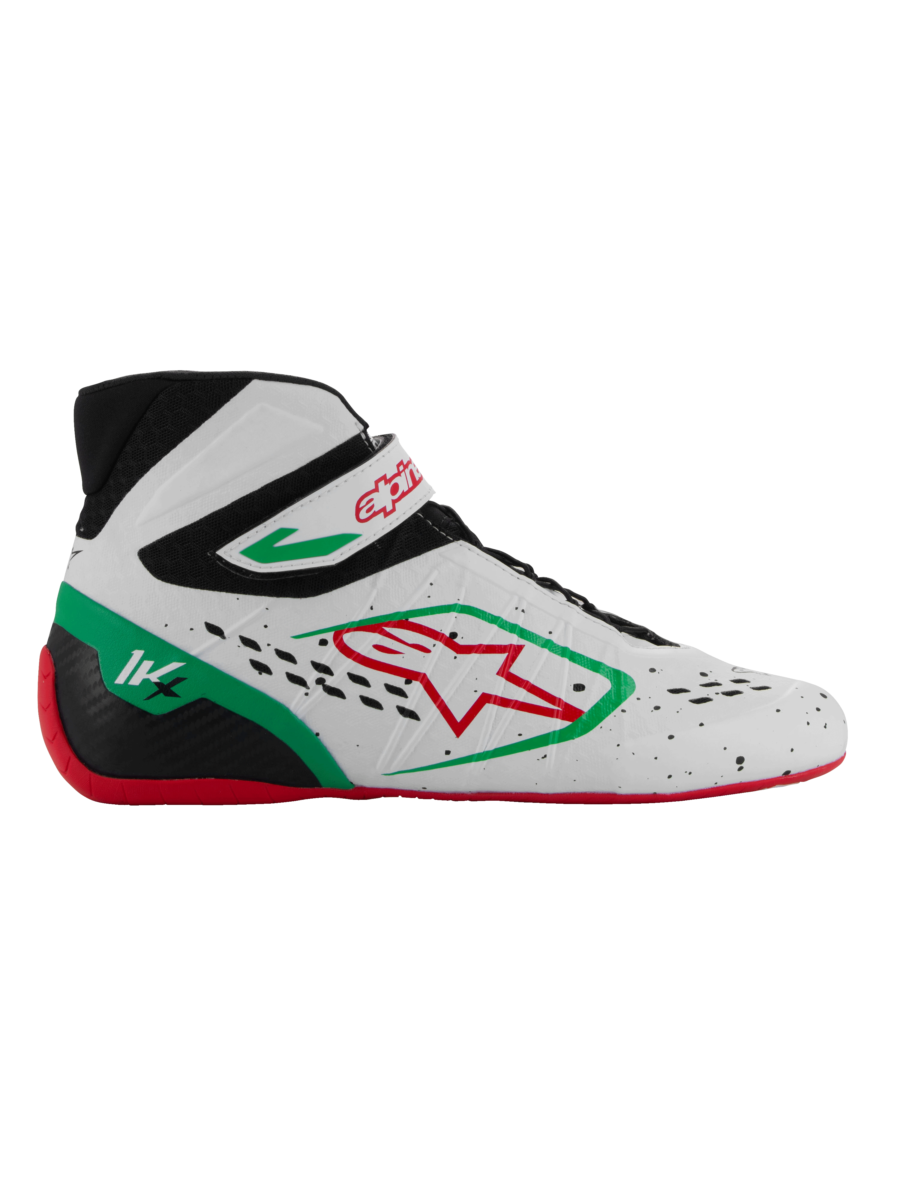 Alpinestars Tech-1 KX V3 Shoes, calzado de karting homologado por la FIA, blanco con detalles en negro, verde y rojo, logotipo de estrella roja, suela roja, diseño de caña alta con correa de velcro, parte superior perforada transpirable, marca 1K en el talón