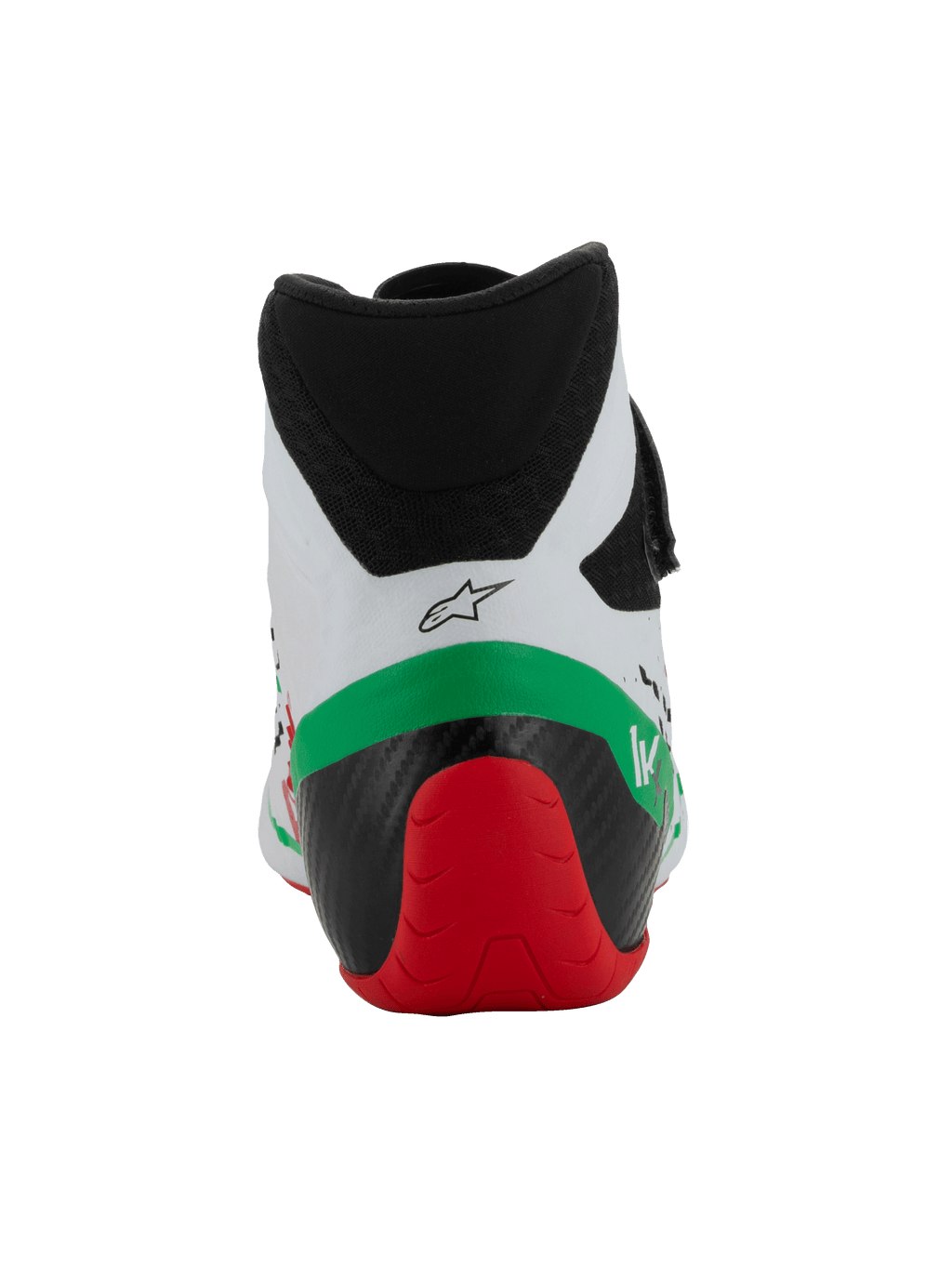 Alpinestars Tech-1 KX V3 Shoes - FIA, zapatillas de karting, blanco, verde y rojo, vista trasera que muestra el cuello de microfibra de corte bajo, estructura del talón reforzada en negro y rojo, y logotipo de Alpinestars.