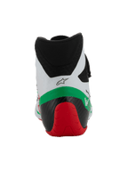 Alpinestars Tech-1 KX V3 Shoes - FIA, zapatillas de karting, blanco, verde y rojo, vista trasera que muestra el cuello de microfibra de corte bajo, estructura del talón reforzada en negro y rojo, y logotipo de Alpinestars.