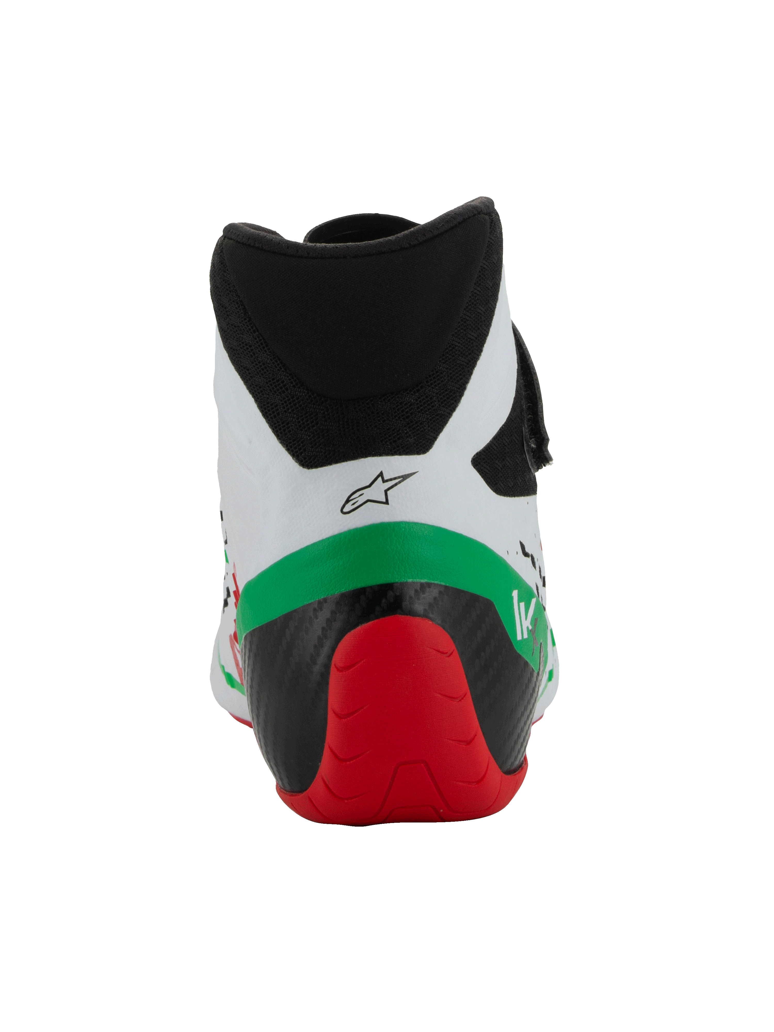 Alpinestars Tech-1 KX V3 Shoes - FIA, zapatillas de karting, blanco, verde y rojo, vista trasera que muestra el cuello de microfibra de corte bajo, estructura del talón reforzada en negro y rojo, y logotipo de Alpinestars.