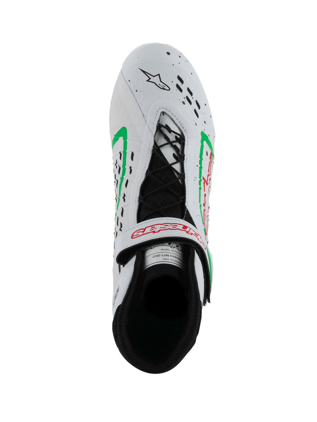 Zapatos Alpinestars Tech-1 KX V3, calzado de karting con homologación FIA, blancos con detalles en verde y rojo, vista superior que muestra el sistema de cordones asimétrico, correa ajustable con logo rojo y perforaciones láser en la puntera.