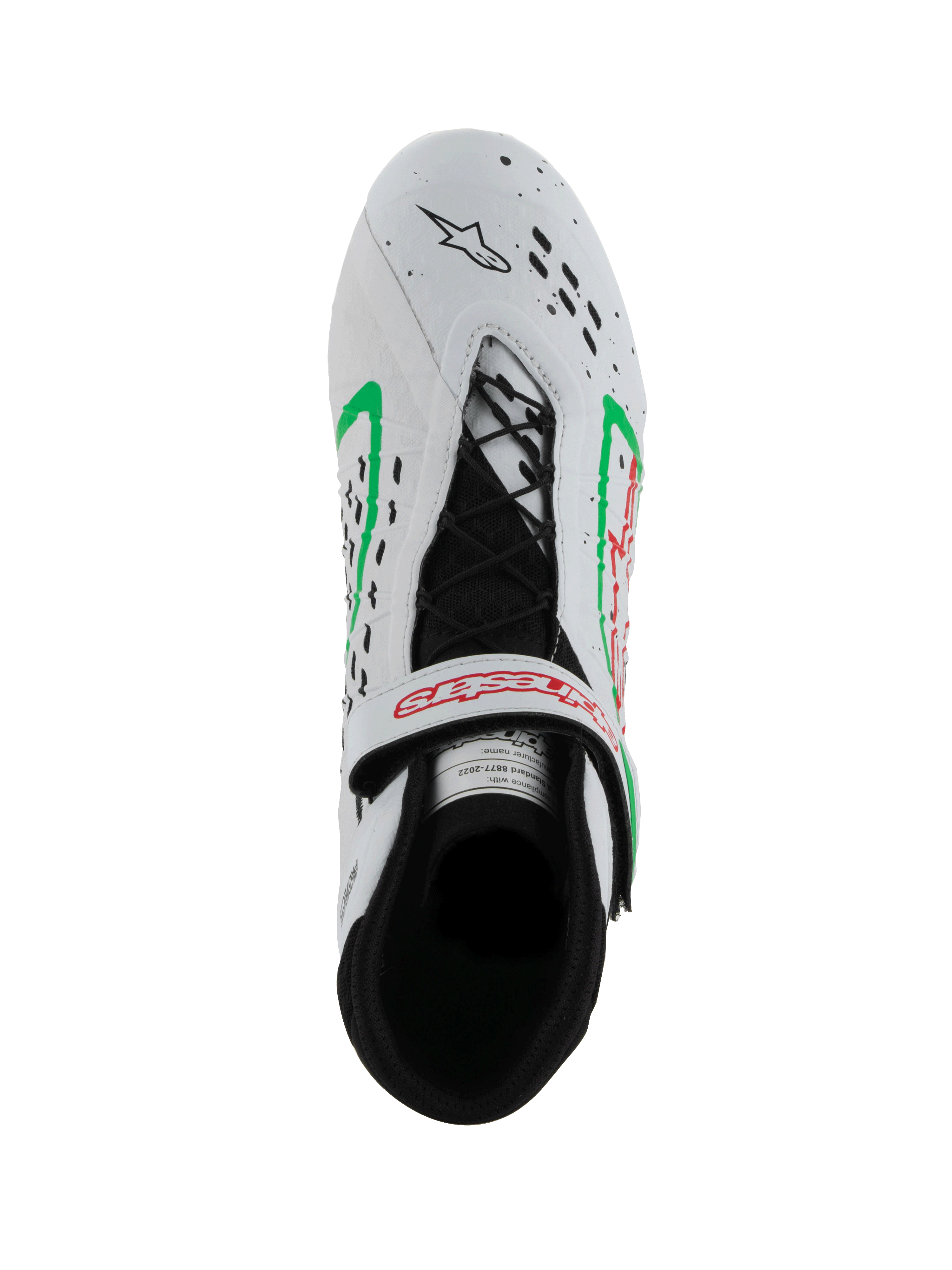 Zapatos Alpinestars Tech-1 KX V3, calzado de karting con homologación FIA, blancos con detalles en verde y rojo, vista superior que muestra el sistema de cordones asimétrico, correa ajustable con logo rojo y perforaciones láser en la puntera.