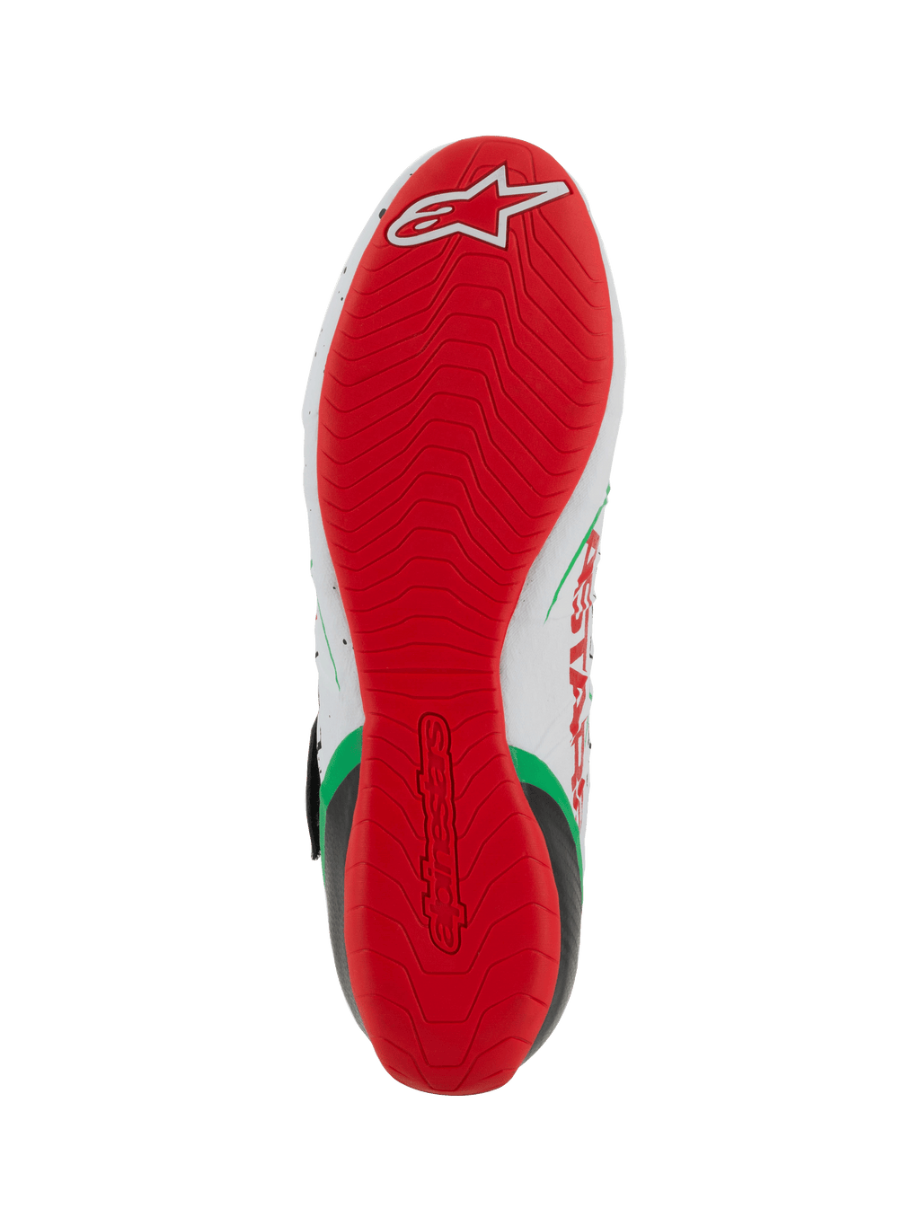Zapatillas de karting Alpinestars Tech-1 KX V3, vista de la suela, suela exterior de goma fina en rojo brillante con patrón de agarre texturizado, logotipo blanco de Alpinestars en el talón, combinación de colores blanco, verde y rojo