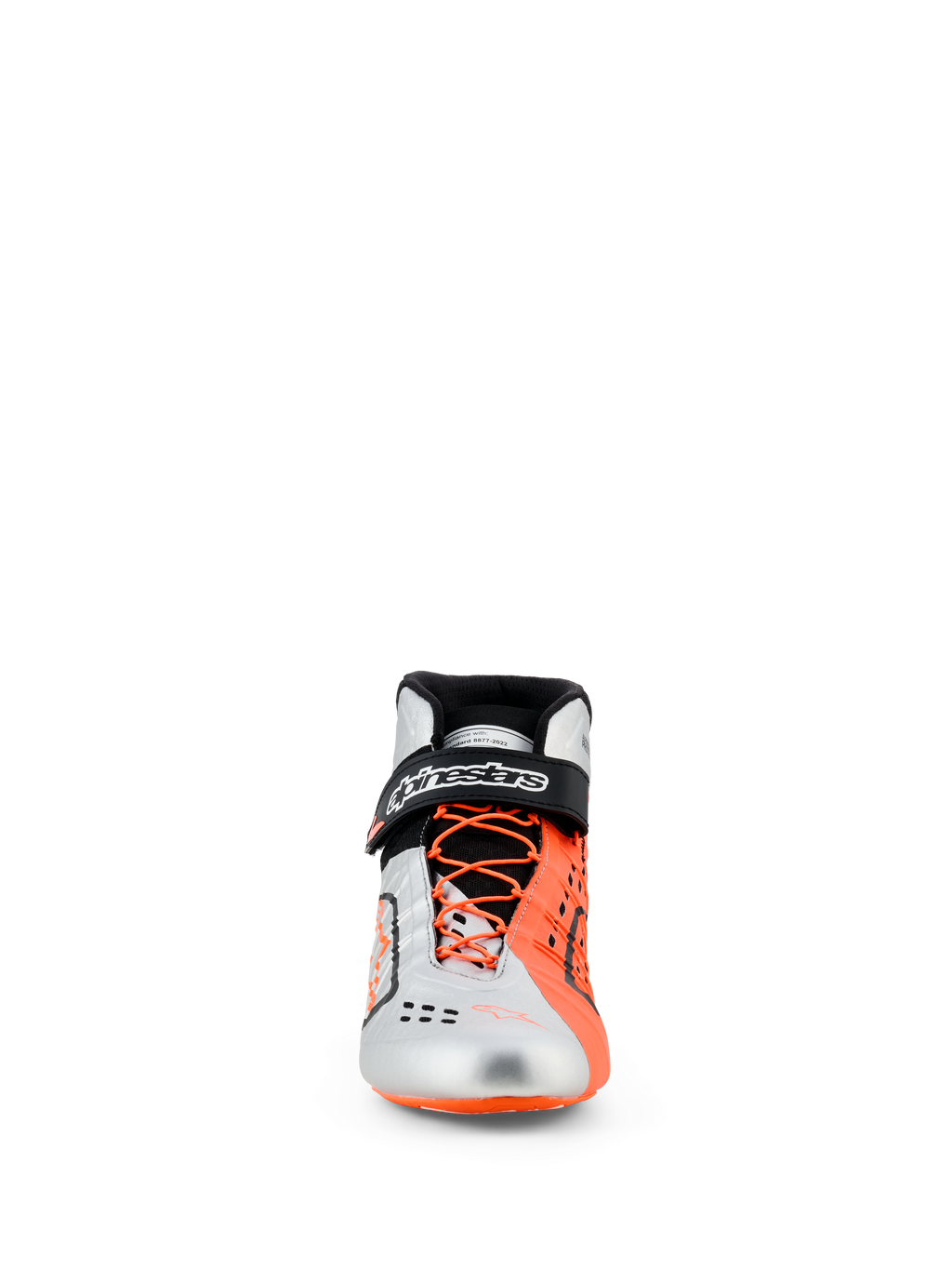 Zapatos Alpinestars Tech-1 KX V3, calzado de karting, negro, plata y naranja flúor, vista frontal, parte superior plateada y naranja fluorescente, cordones asimétricos naranjas, correa de tobillo negra con marca blanca, calzado de competición elegante con certificación FIA