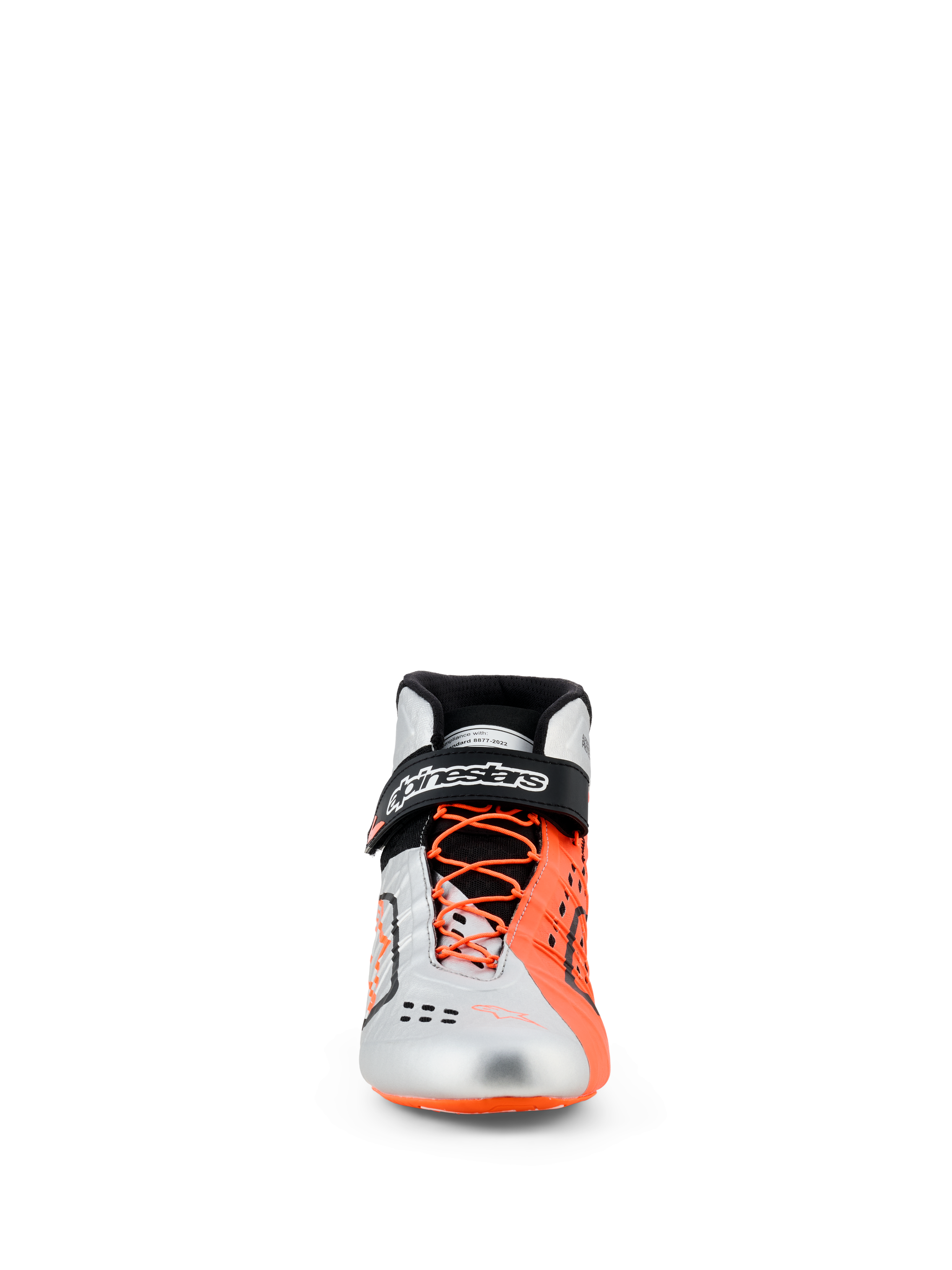 Zapatos Alpinestars Tech-1 KX V3, calzado de karting, negro, plata y naranja flúor, vista frontal, parte superior plateada y naranja fluorescente, cordones asimétricos naranjas, correa de tobillo negra con marca blanca, calzado de competición elegante con certificación FIA