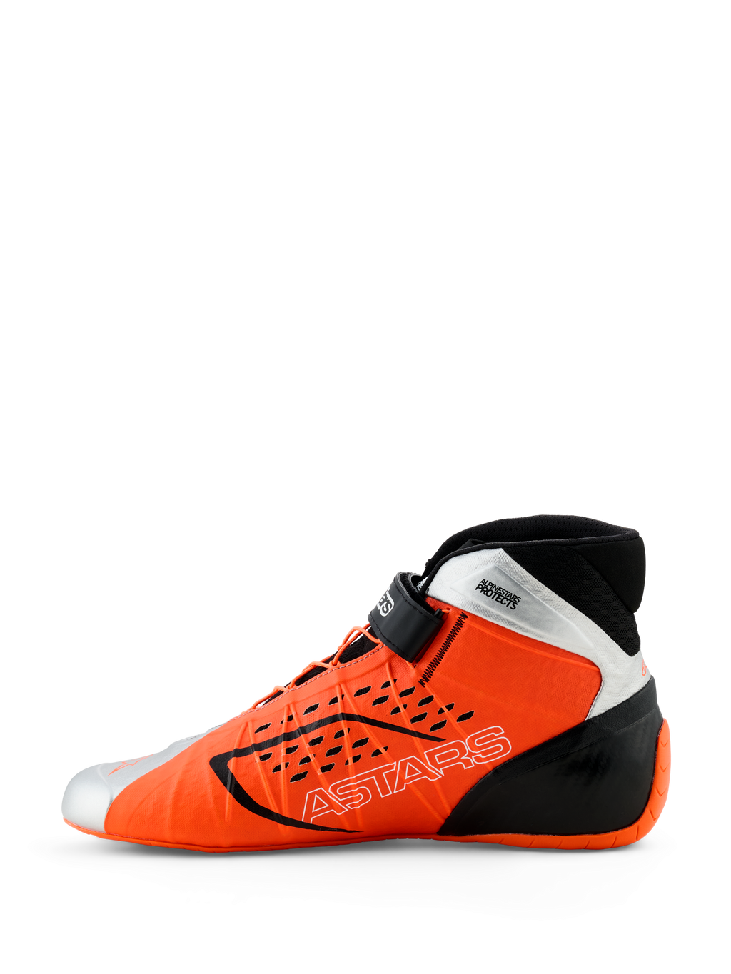 Zapatos Alpinestars Tech-1 KX V3, calzado de karting, naranja flúor, negro y plateado, vista de perfil lateral, con el logotipo ASTARS en el lateral, correa ajustable en el tobillo y diseño aerodinámico para carreras profesionales