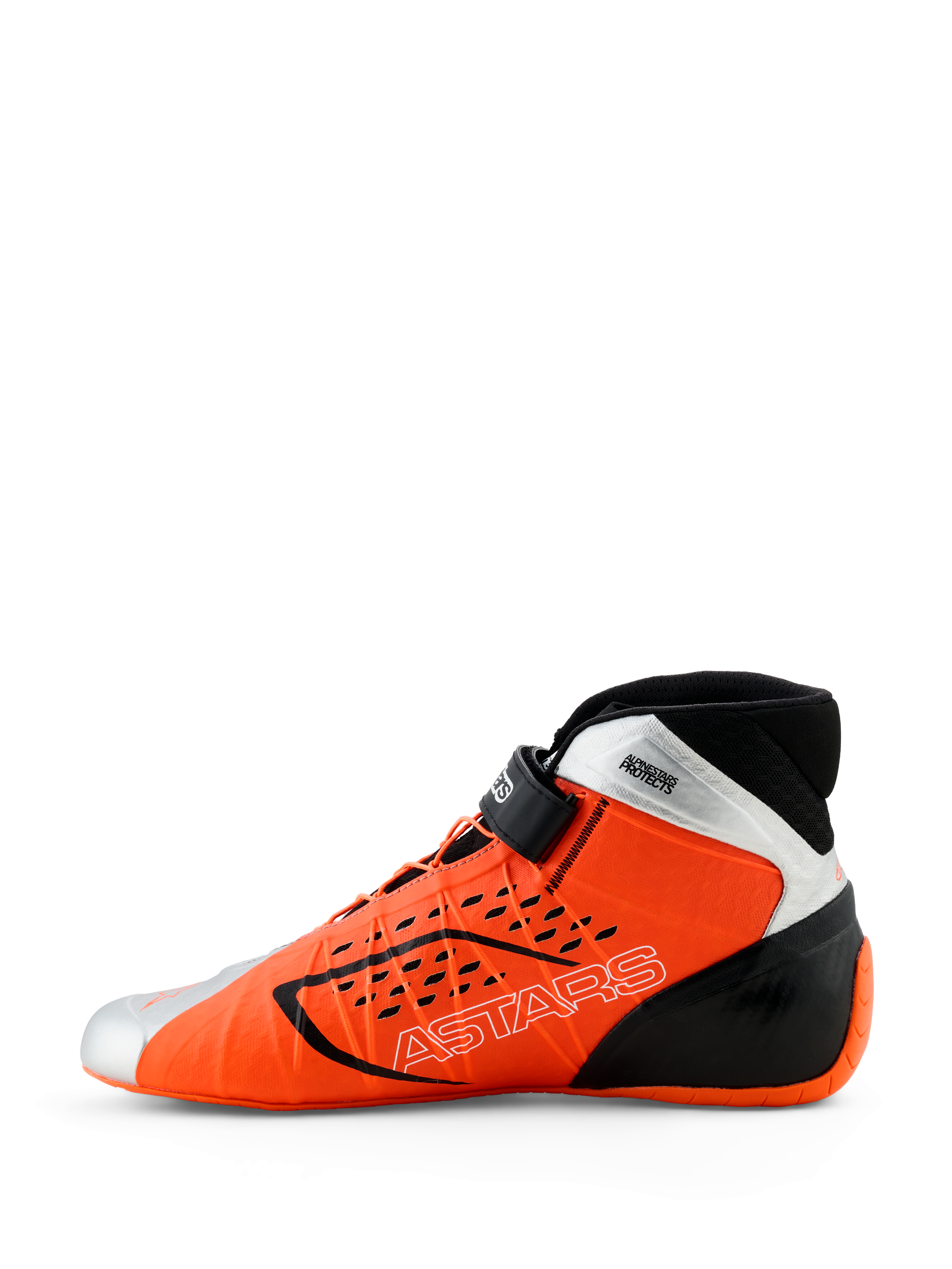 Zapatos Alpinestars Tech-1 KX V3, calzado de karting, naranja flúor, negro y plateado, vista de perfil lateral, con el logotipo ASTARS en el lateral, correa ajustable en el tobillo y diseño aerodinámico para carreras profesionales