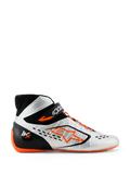 Zapatos Alpinestars Tech-1 KX V3, zapatos de karting, plateado, negro y naranja flúor, vista de perfil con construcción termosoldada sin costuras, cordones asimétricos naranjas, llamativo logo Astar naranja en el lateral y suela de goma fina naranja flúor