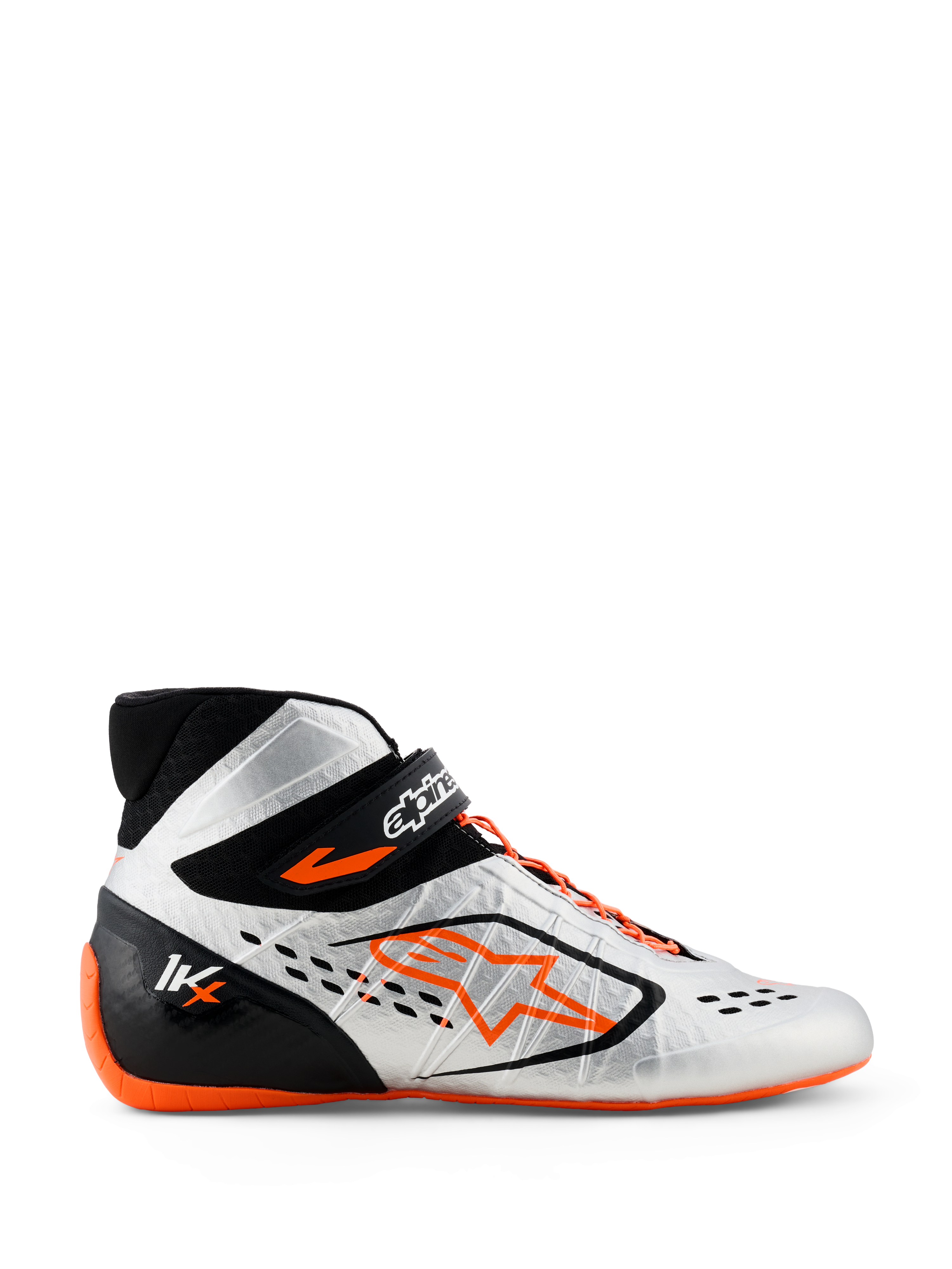 Zapatos Alpinestars Tech-1 KX V3, zapatos de karting, plateado, negro y naranja flúor, vista de perfil con construcción termosoldada sin costuras, cordones asimétricos naranjas, llamativo logo Astar naranja en el lateral y suela de goma fina naranja flúor
