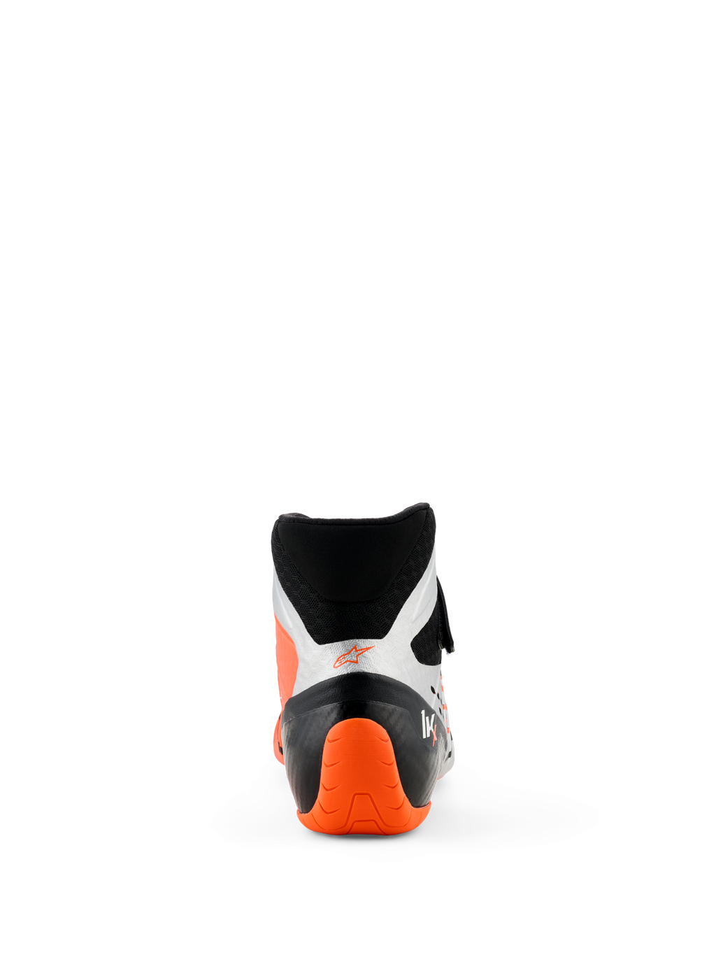 Zapatos Alpinestars Tech-1 KX V3, zapatos de karting, negro, plata y naranja flúor, vista trasera con talón texturizado en naranja brillante y paneles laterales plateados, diseño de corte alto para competición profesional