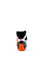 Zapatos Alpinestars Tech-1 KX V3, zapatos de karting, negro, plata y naranja flúor, vista trasera con talón texturizado en naranja brillante y paneles laterales plateados, diseño de corte alto para competición profesional