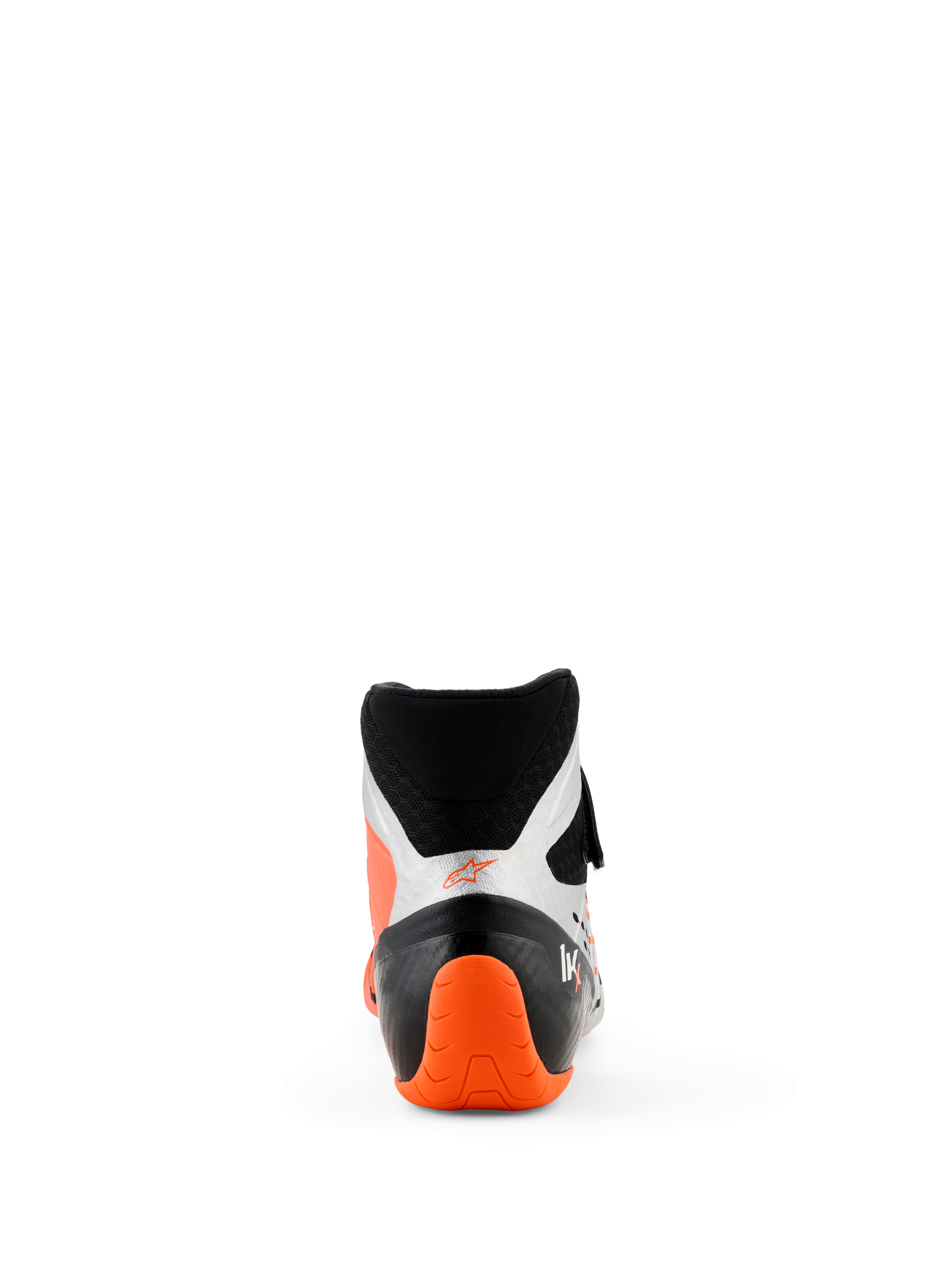 Zapatos Alpinestars Tech-1 KX V3, zapatos de karting, negro, plata y naranja flúor, vista trasera con talón texturizado en naranja brillante y paneles laterales plateados, diseño de corte alto para competición profesional